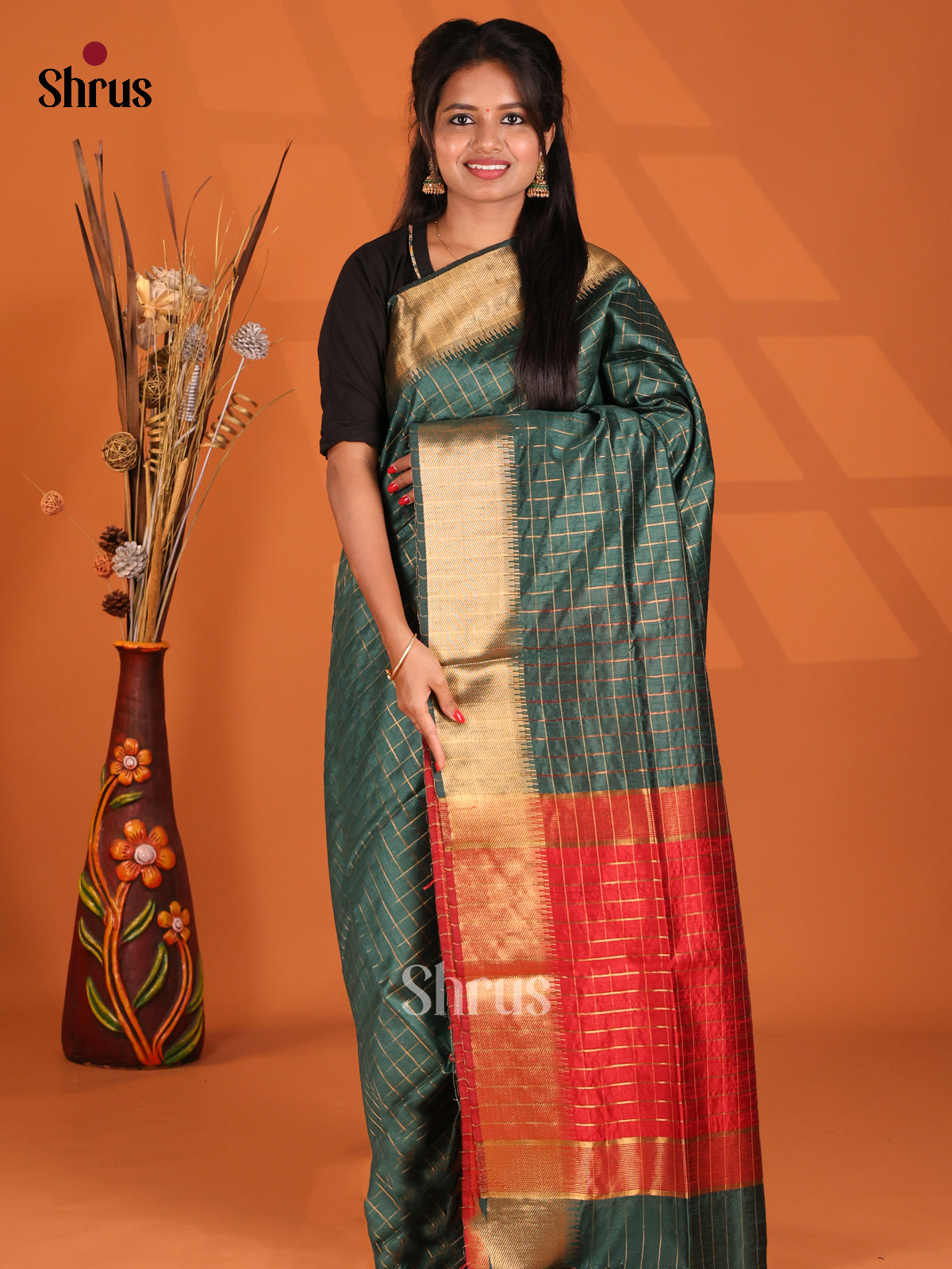 Green & Red- Semi Rawsilk Saree - Shop on Shrus.com