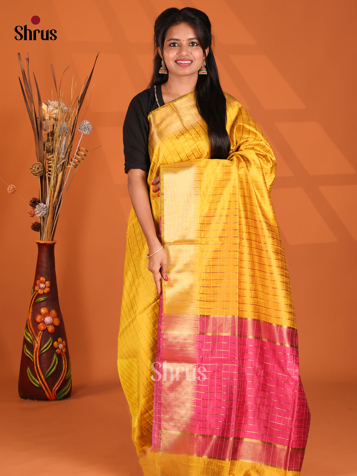Yellow & Pink - Semi Rawsilk Saree - Shop on Shrus.com