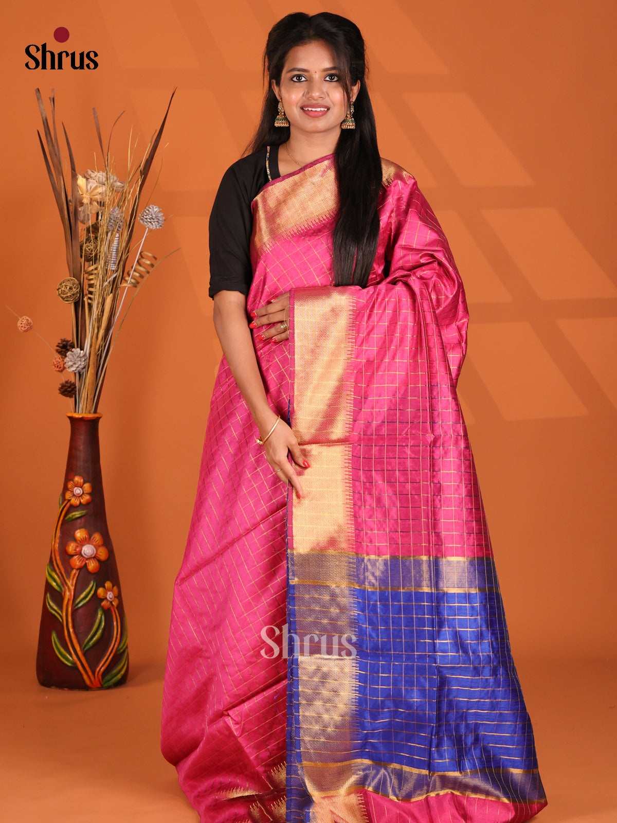Pink & Blue- Semi Rawsilk Saree - Shop on Shrus.com