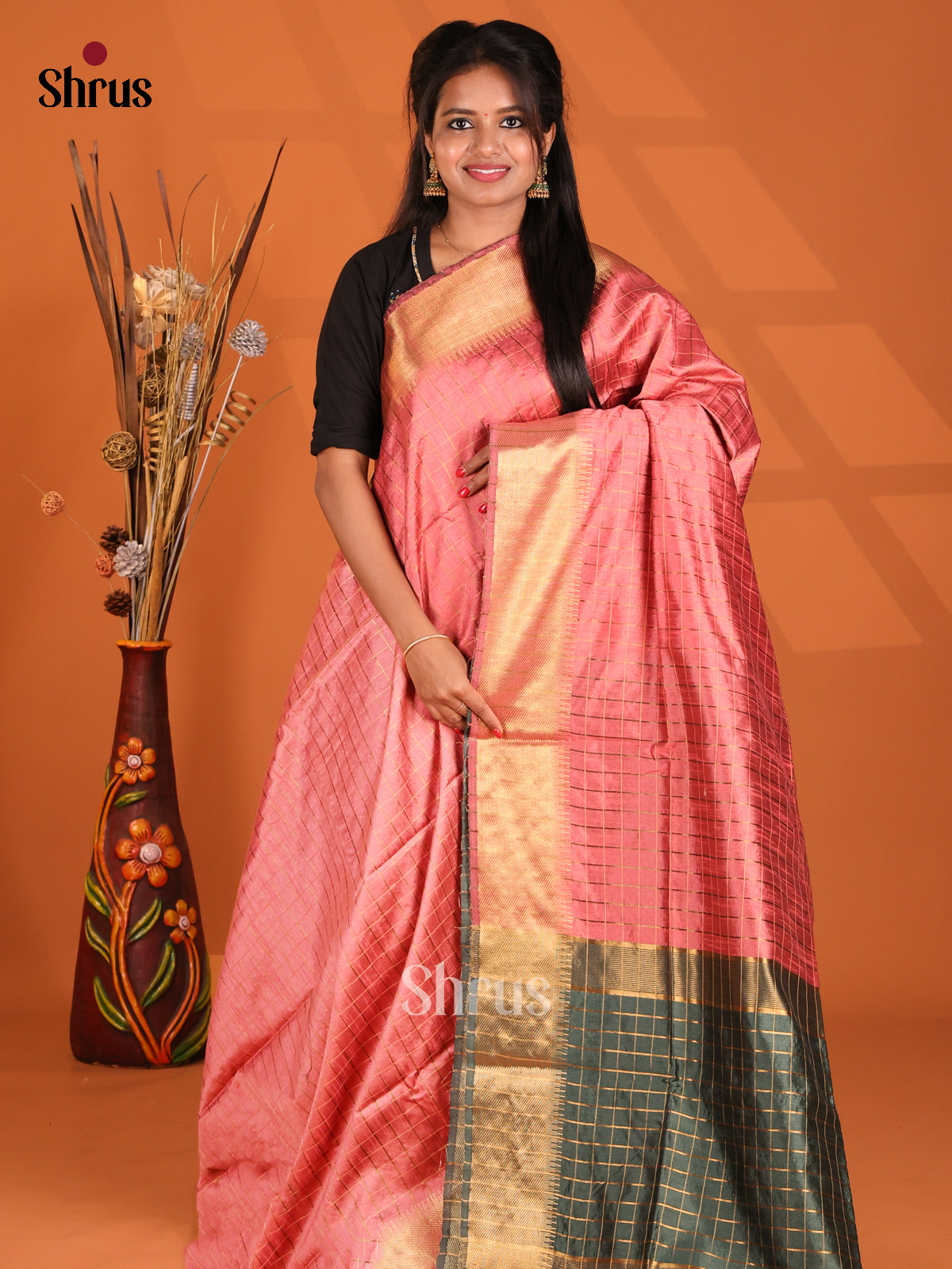 Pink and Green- Semi Rawsilk Saree - Shop on Shrus.com