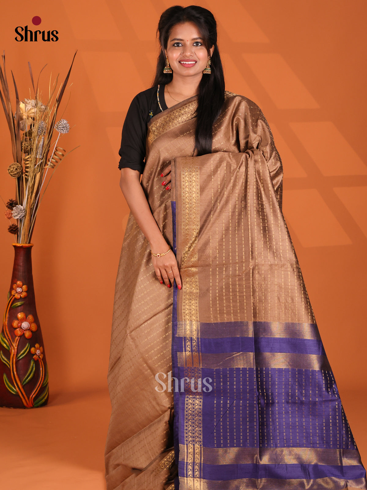 Brown & Blue - Semi Rawsilk Saree