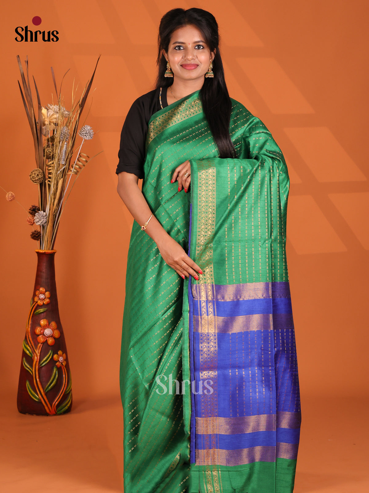 Green & Blue- Semi Rawsilk Saree - Shop on Shrus.com