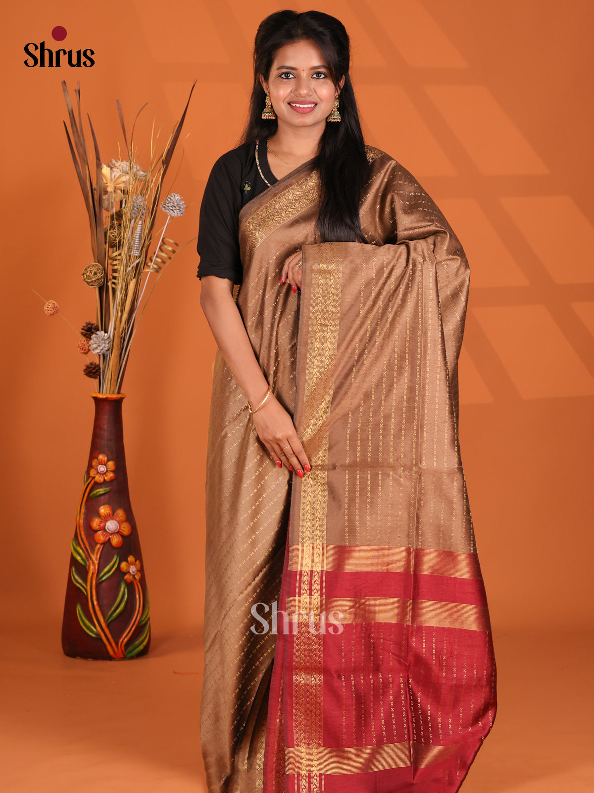 Brown & Maroon - Semi Rawsilk Saree