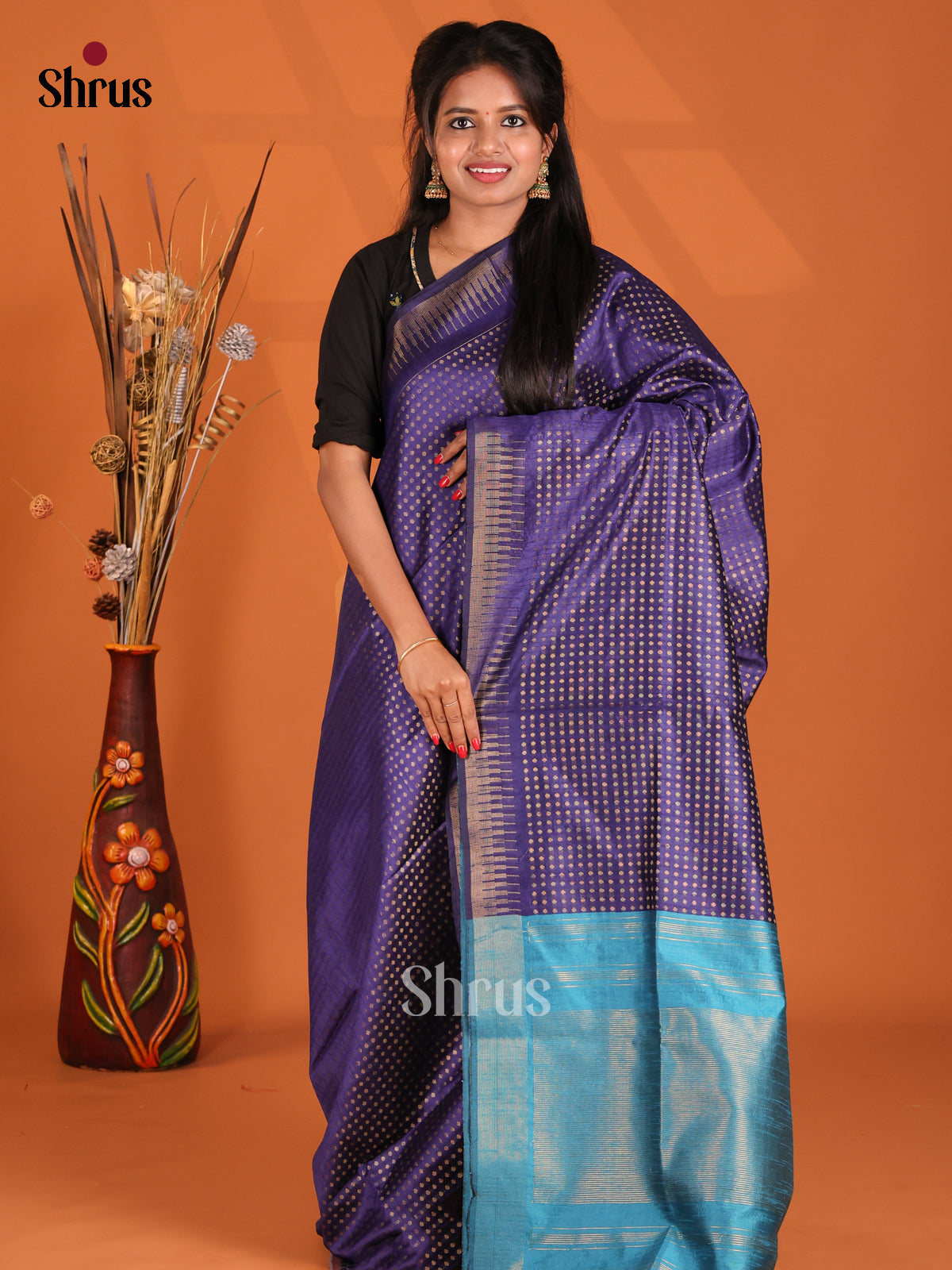 Violet & Sky Blue - Semi Rawsilk Saree - Shop on Shrus.com