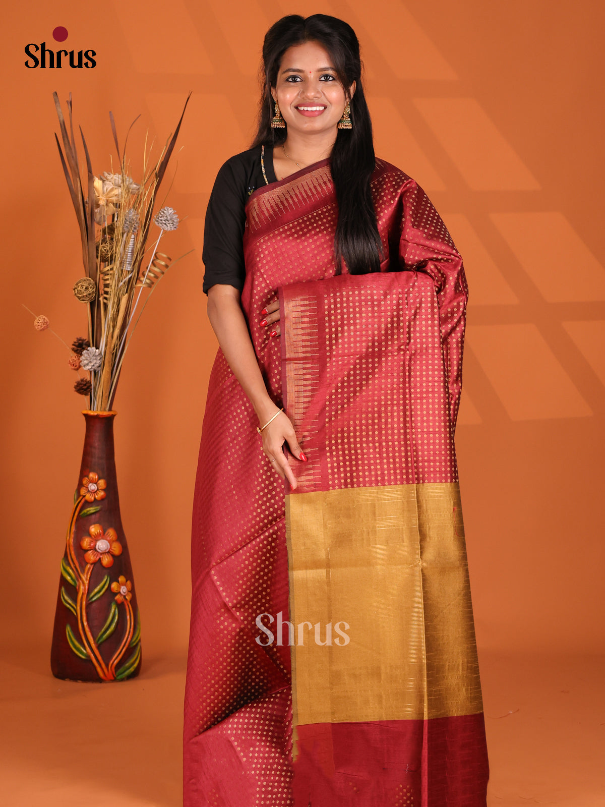 Maroon & Beige - Semi Rawsilk Saree - Shop on Shrus.com