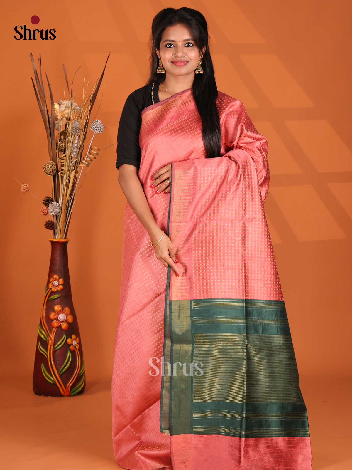 Pink & Green - Semi Rawsilk Saree - Shop on Shrus.com
