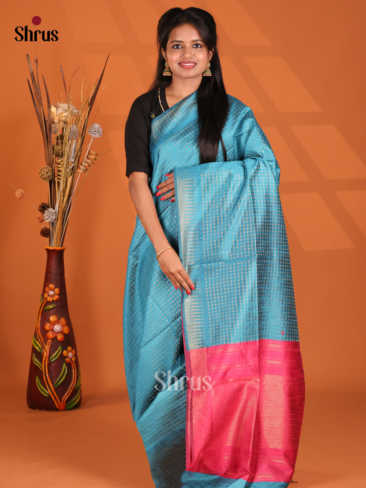 Sky Blue & Pink- Semi Rawsilk Saree - Shop on Shrus.com