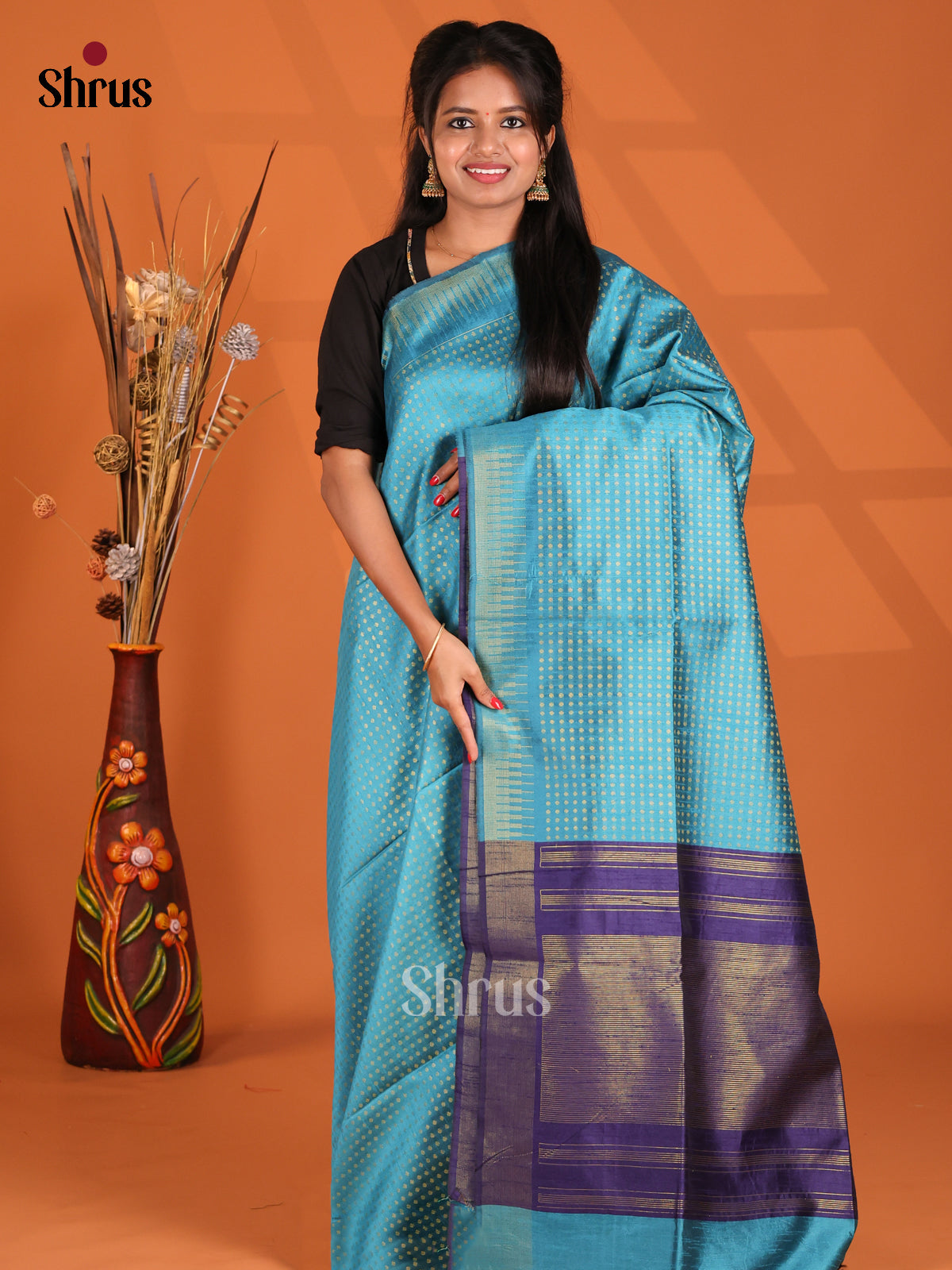 Sky Blue & Blue - Semi Rawsilk Saree - Shop on Shrus.com