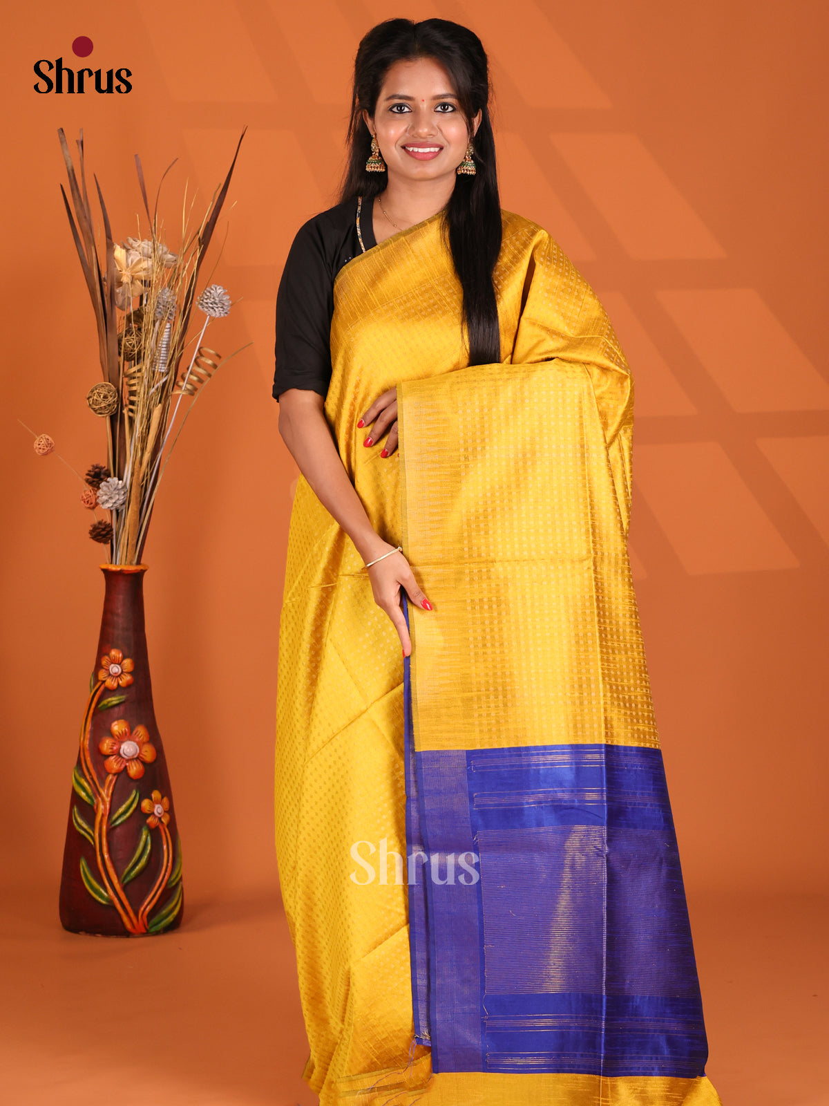 Yellow & Blue - Semi Rawsilk Saree - Shop on Shrus.com