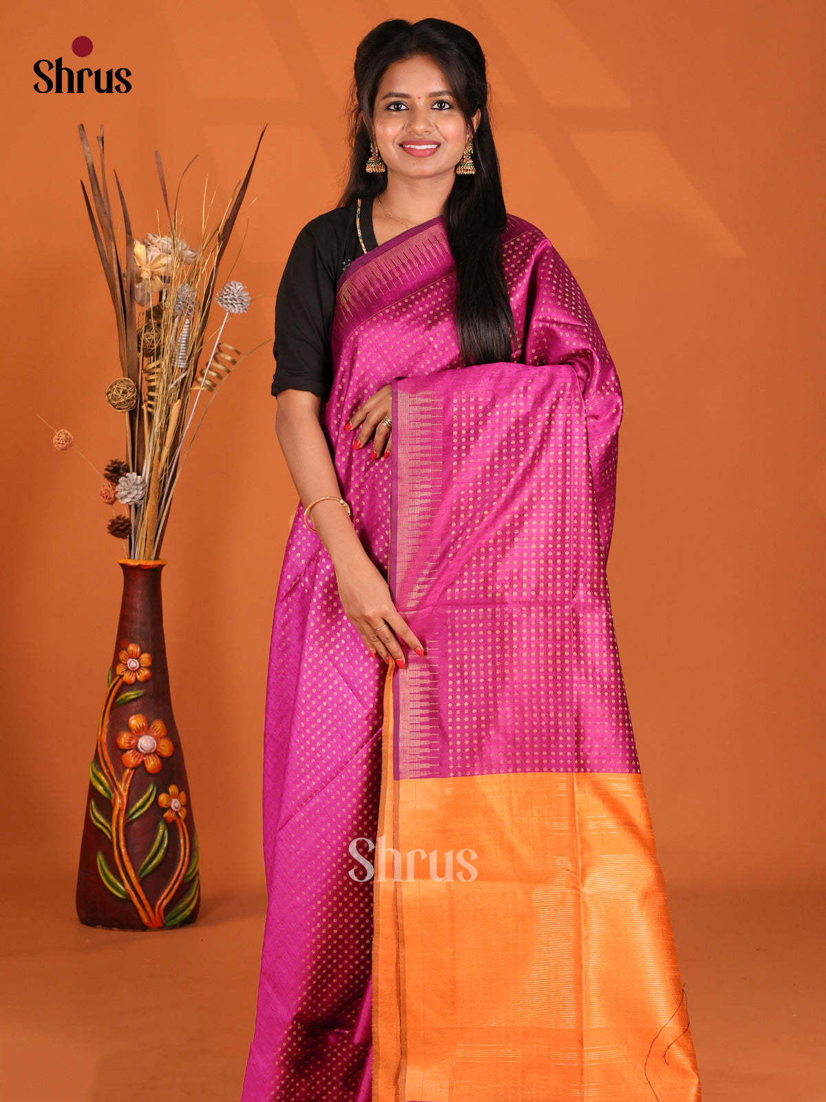 Majenta & Orange- Semi Rawsilk Saree - Shop on Shrus.com