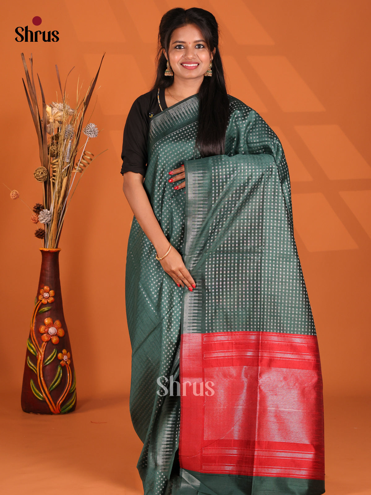 Dark Green & Red - Semi Rawsilk Saree - Shop on Shrus.com