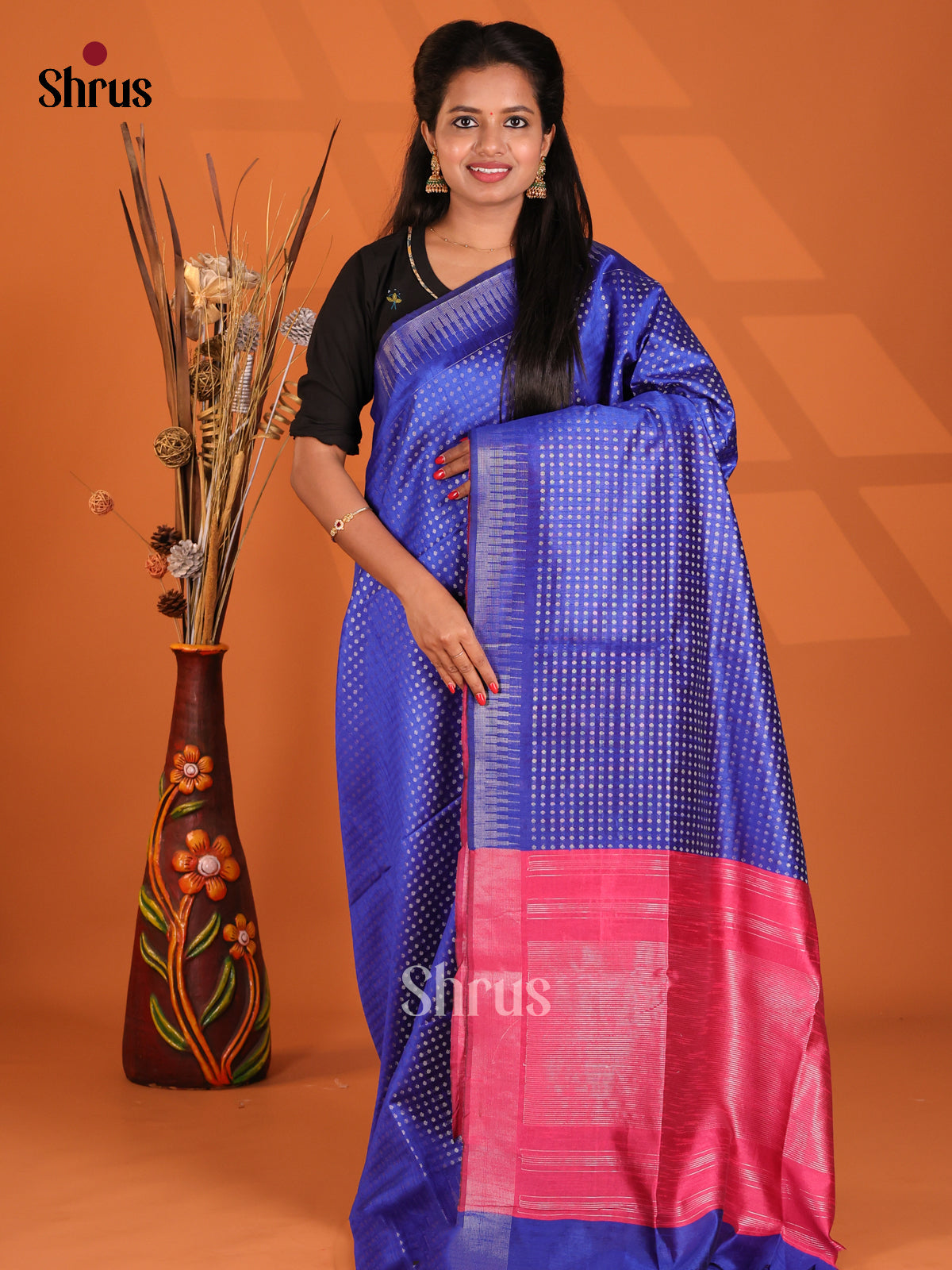 Blue & Pink - Semi Rawsilk Saree