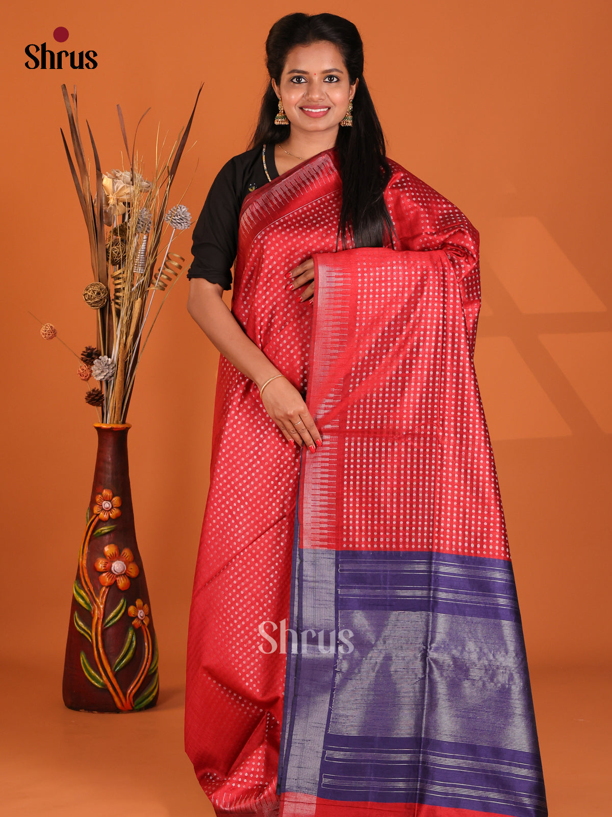 Red & Blue - Semi Rawsilk Saree - Shop on Shrus.com
