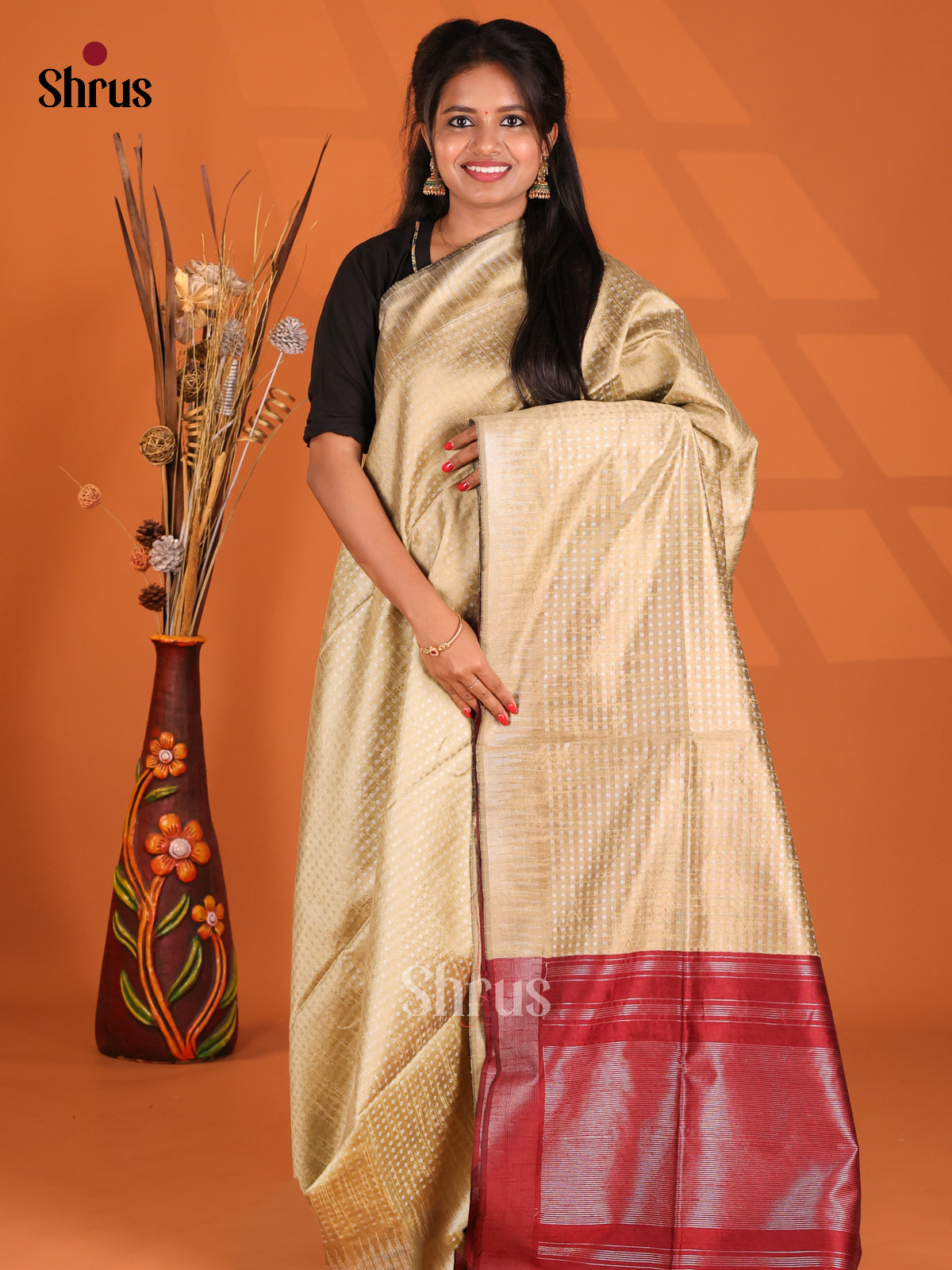 Cream & Maroon - Semi Rawsilk Saree