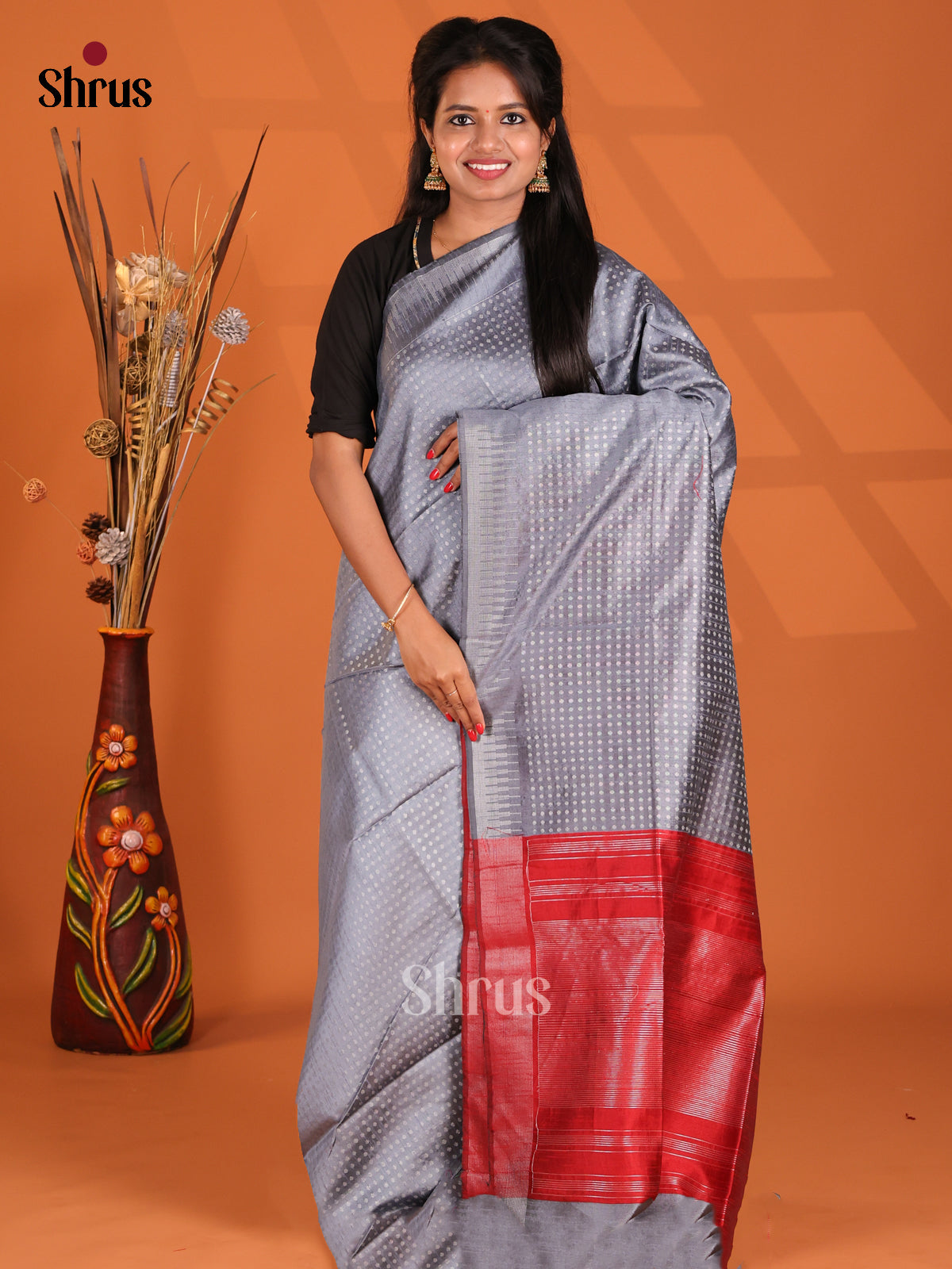 grey & Red- Semi Rawsilk Saree - Shop on Shrus.com