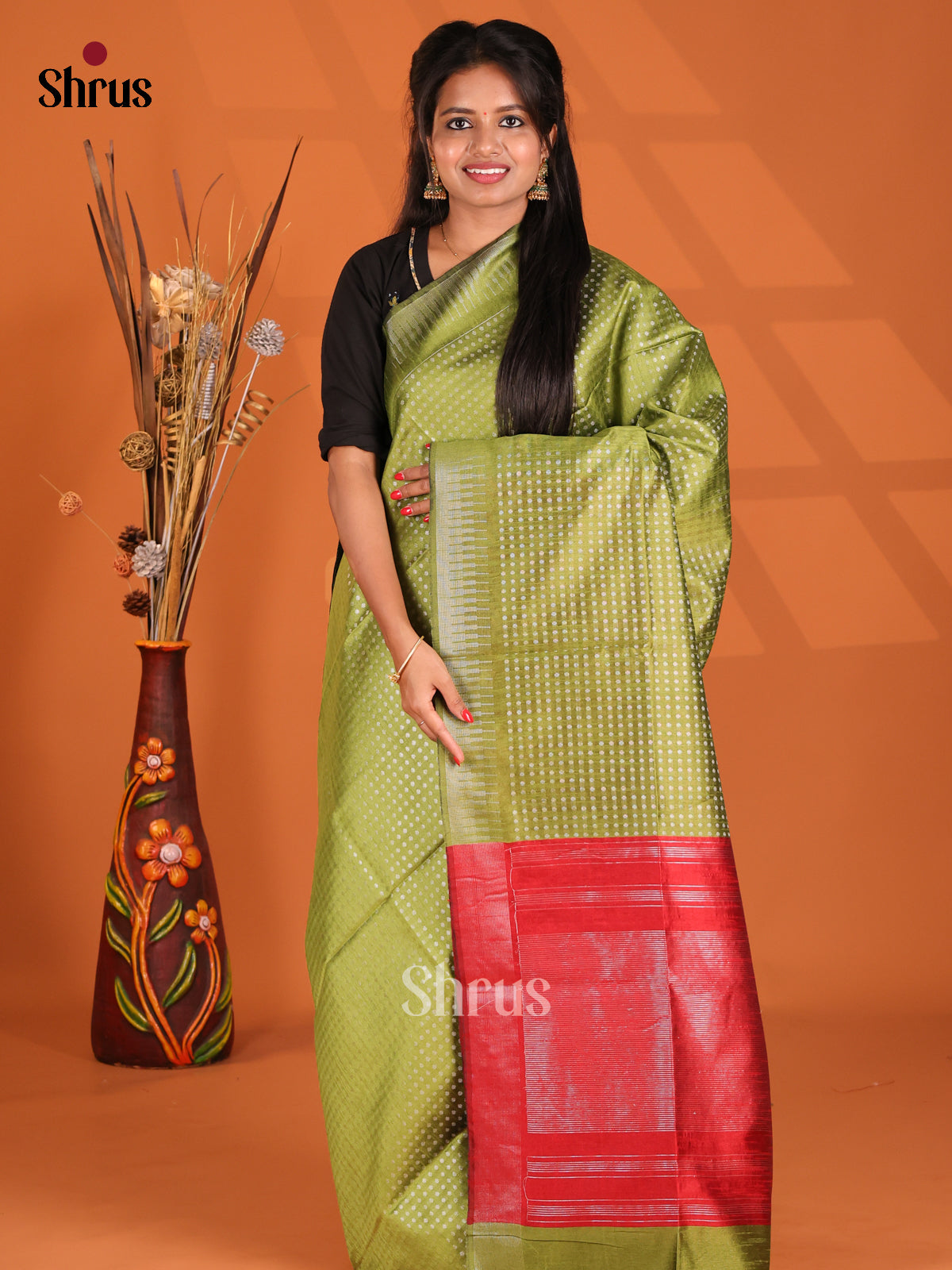 Green & Red- Semi Rawsilk Saree - Shop on Shrus.com