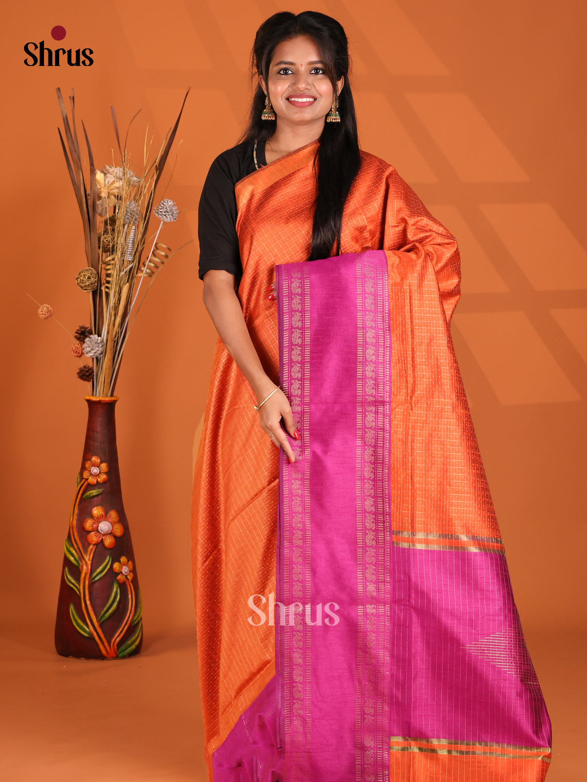 Orange & Majenta- Semi Rawsilk Saree - Shop on Shrus.com