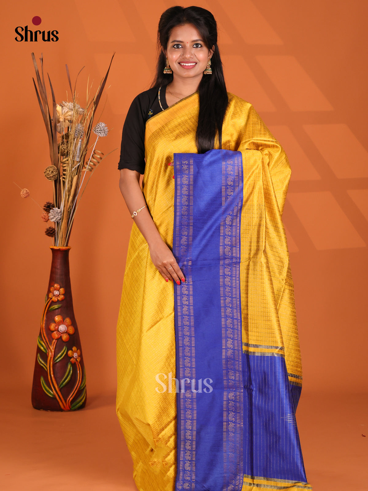 Yellow & Blue - Semi Rawsilk Saree