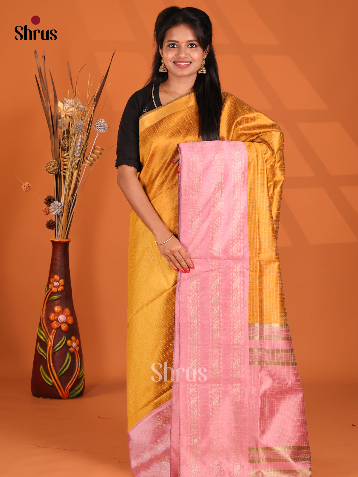 Mustard & Pink - Semi Rawsilk Saree - Shop on Shrus.com