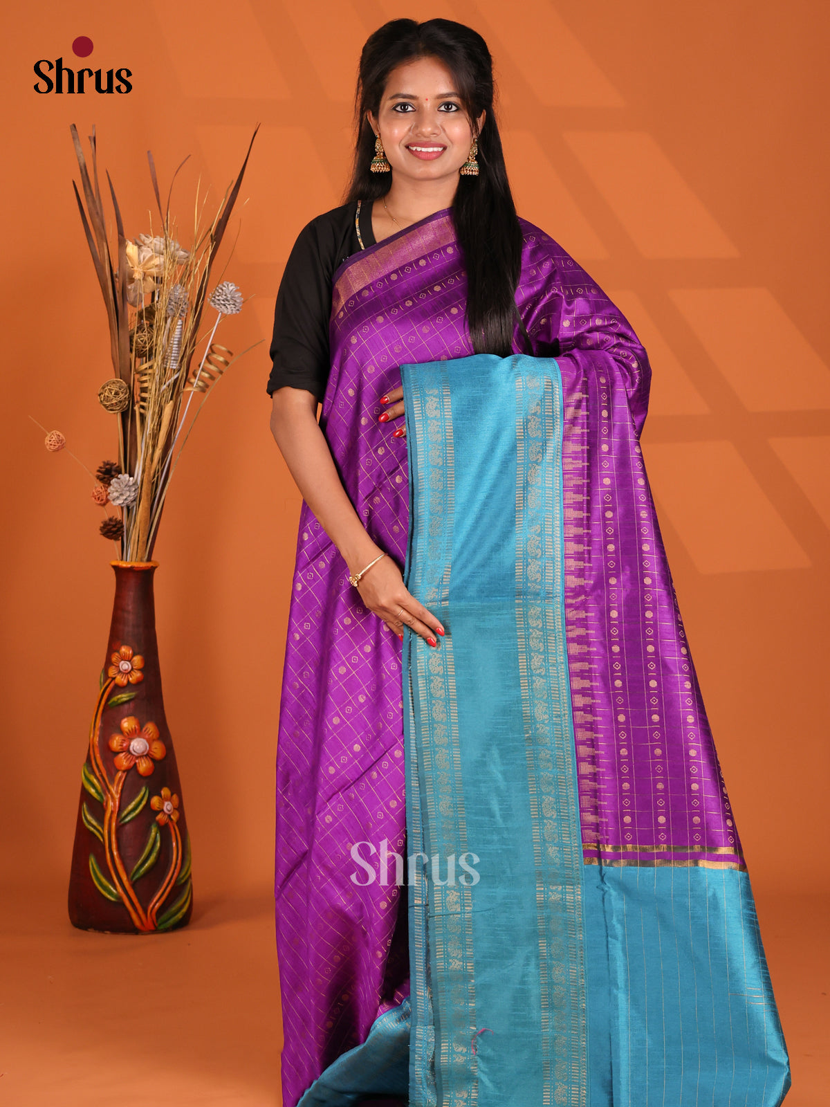 Purple & Blue - Semi Rawsilk Saree - Shop on Shrus.com
