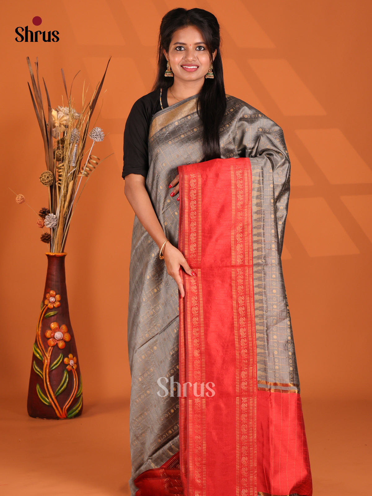 Grey & Red- Semi Rawsilk Saree - Shop on Shrus.com