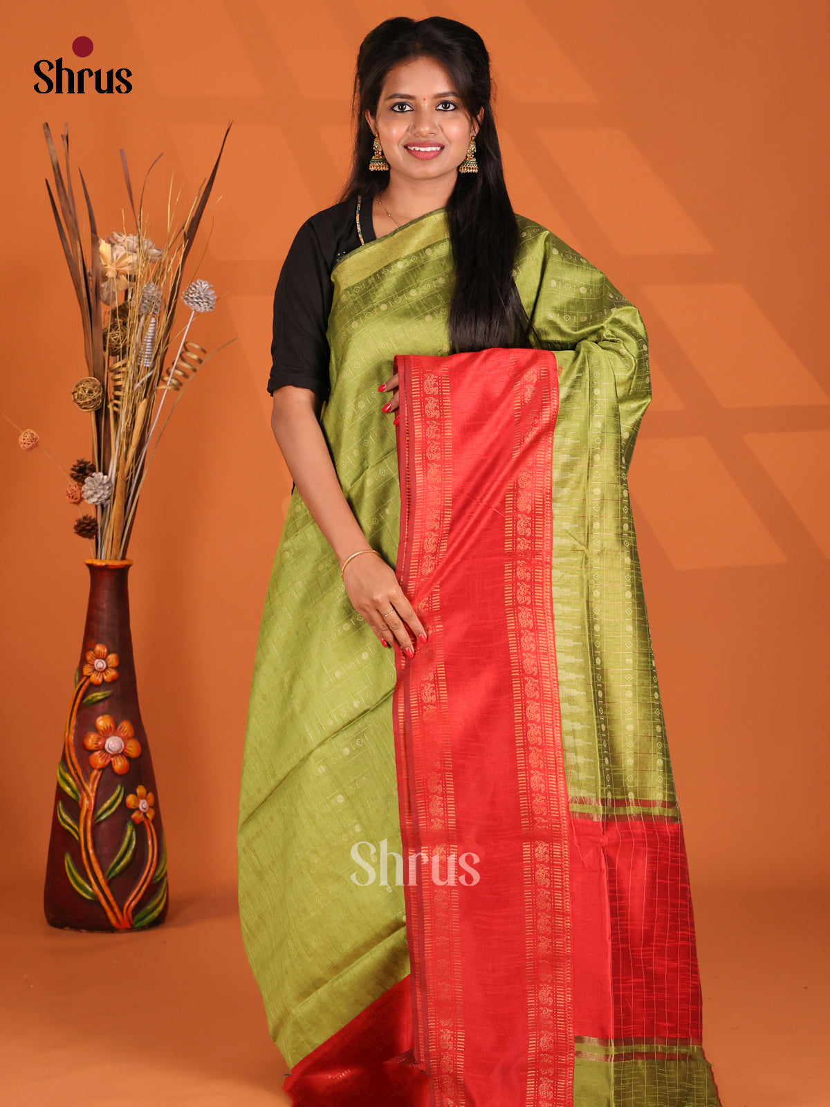 Green & Red- Semi Rawsilk Saree - Shop on Shrus.com