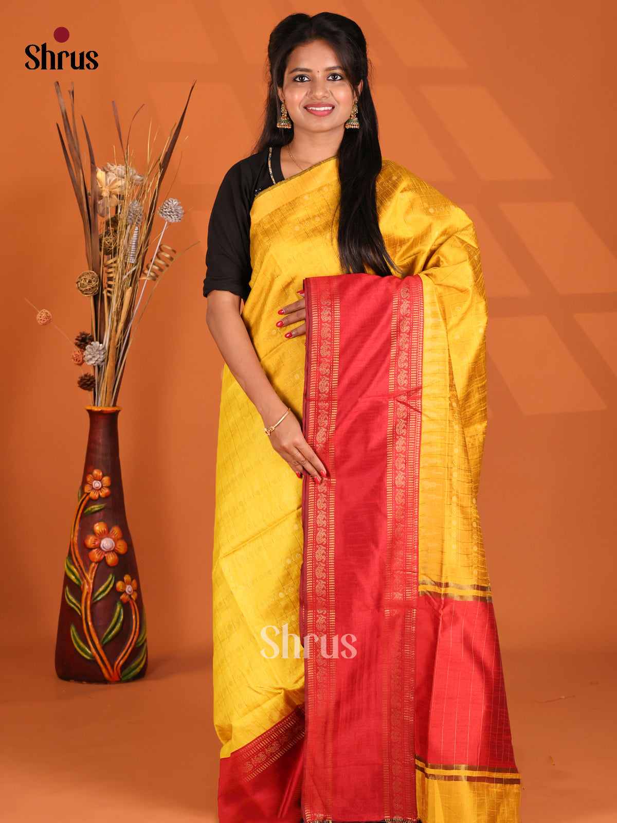 Yellow & Red- Semi Rawsilk Saree - Shop on Shrus.com
