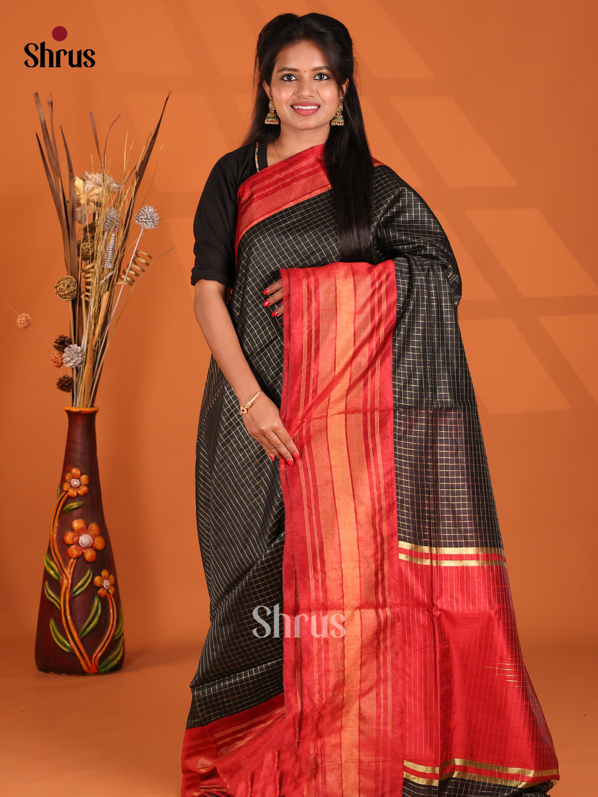 Black & Red- Semi Rawsilk Saree
