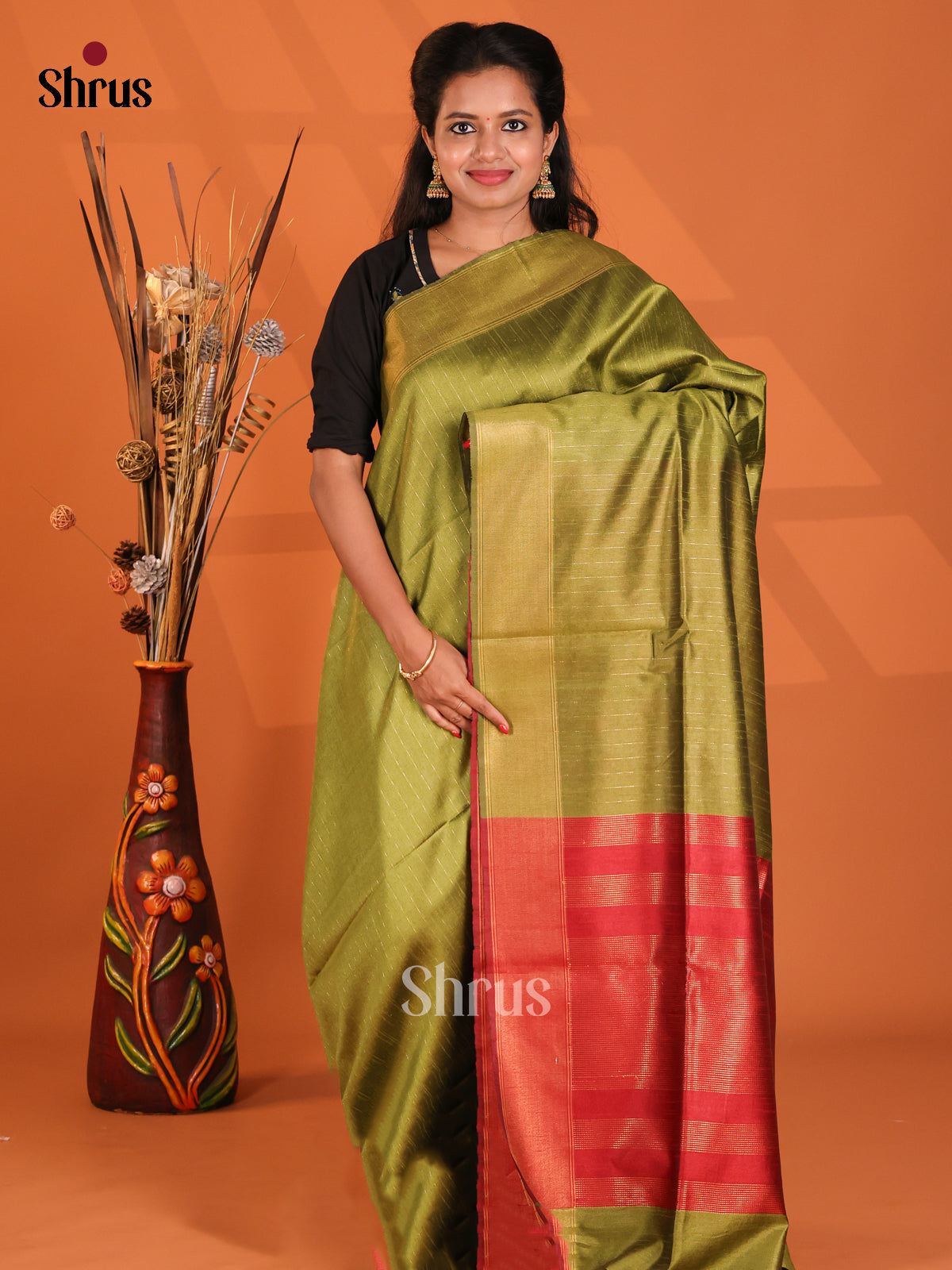 Green & Red - Semi Rawsilk Saree - Shop on Shrus.com