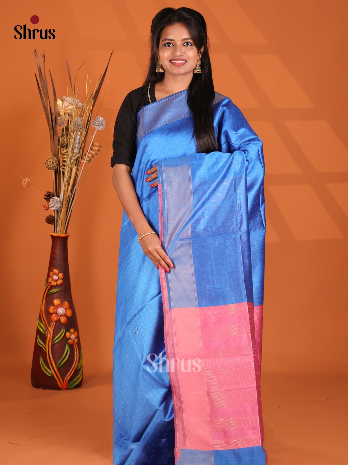 Blue & Pink- Semi Rawsilk Saree