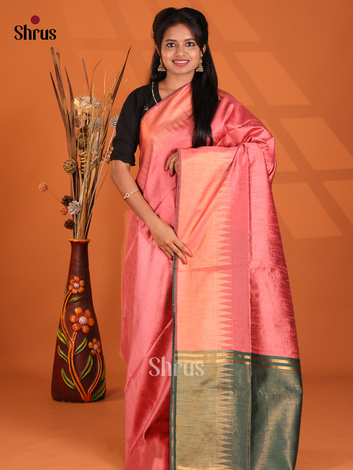Pink & Green- Semi Rawsilk Saree - Shop on Shrus.com