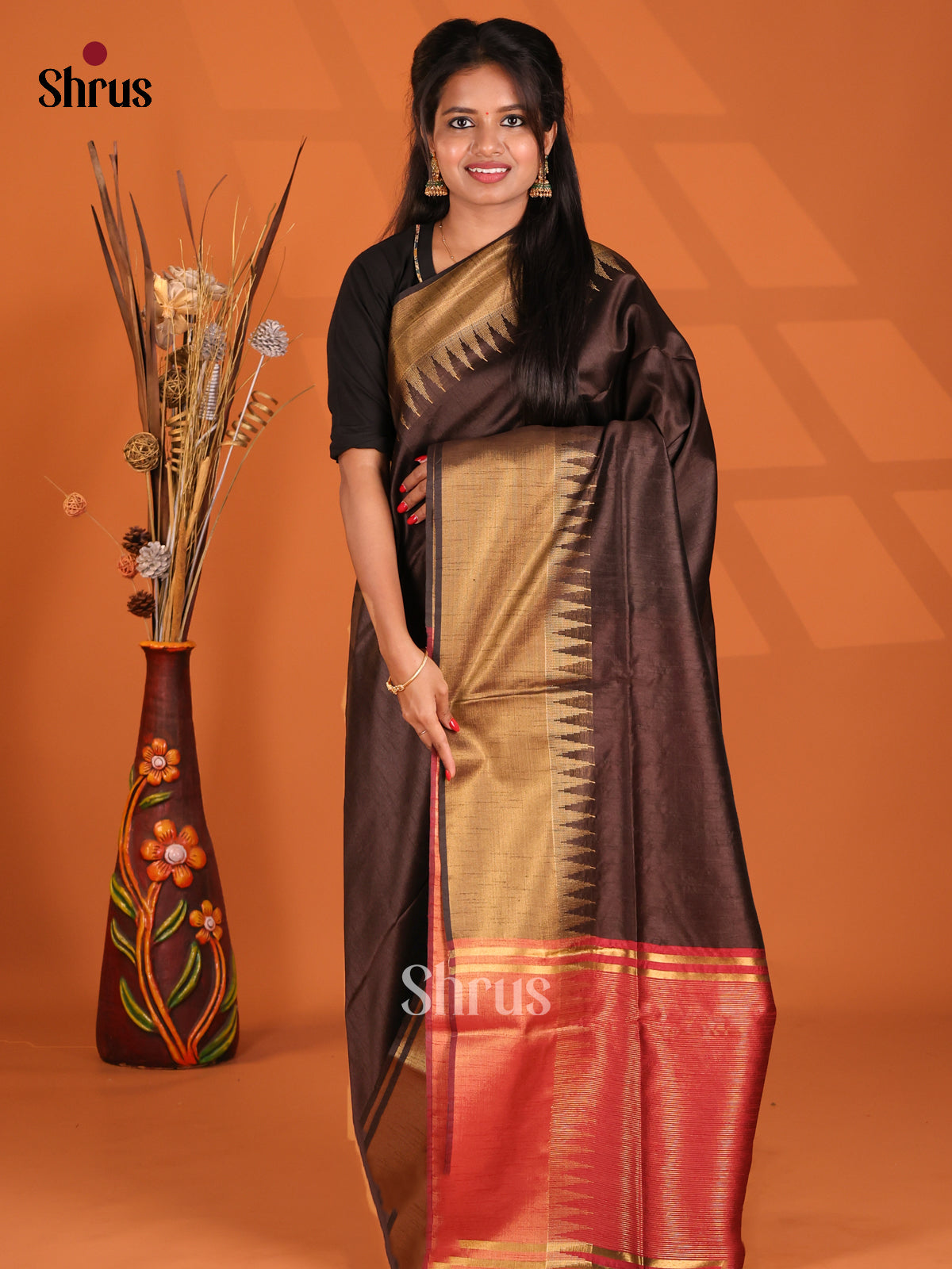 Dark Brown & Red- Semi Rawsilk Saree - Shop on Shrus.com