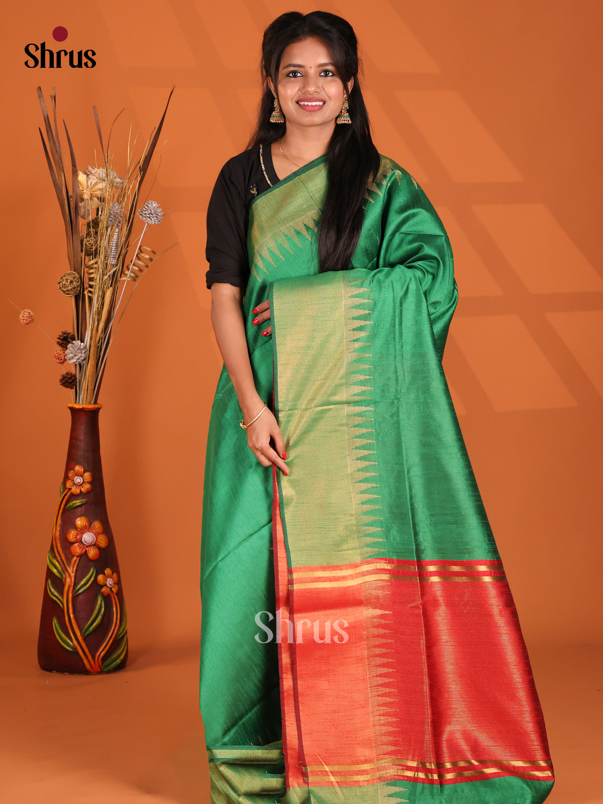 Green & Red- Semi Rawsilk Saree - Shop on Shrus.com