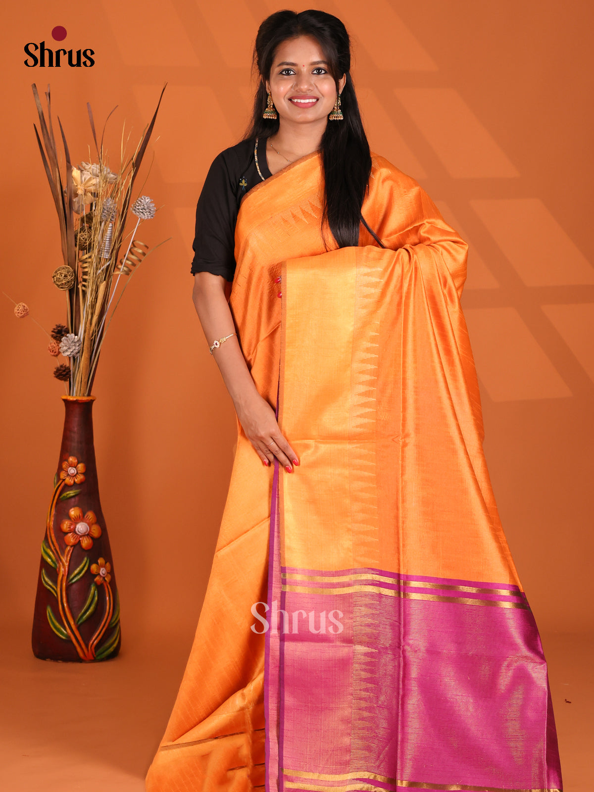 Orange &  Majenta- Semi Rawsilk Saree - Shop on Shrus.com