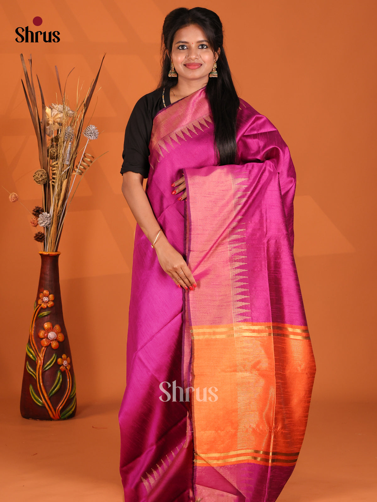 Majenta & Orange- Semi Rawsilk Saree - Shop on Shrus.com
