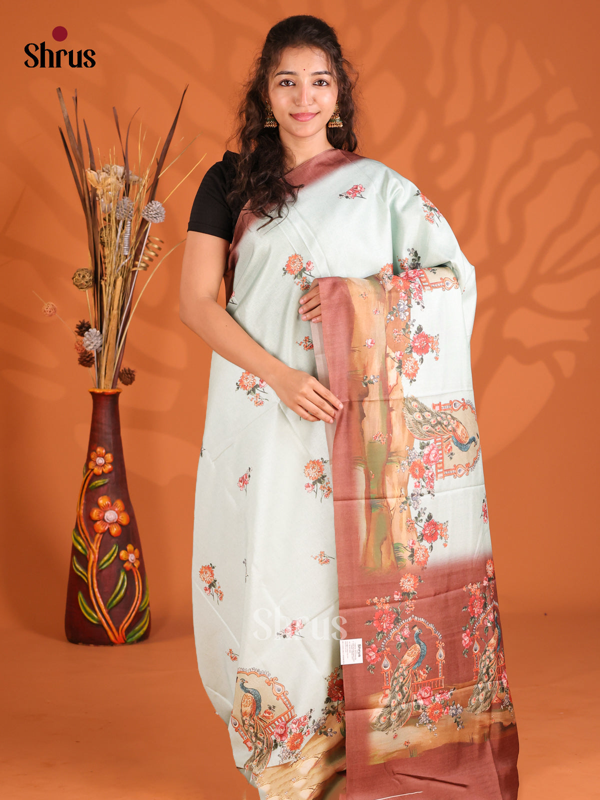 Pastel Blue & Brown - Butter silk Saree - Shop on Shrus.com