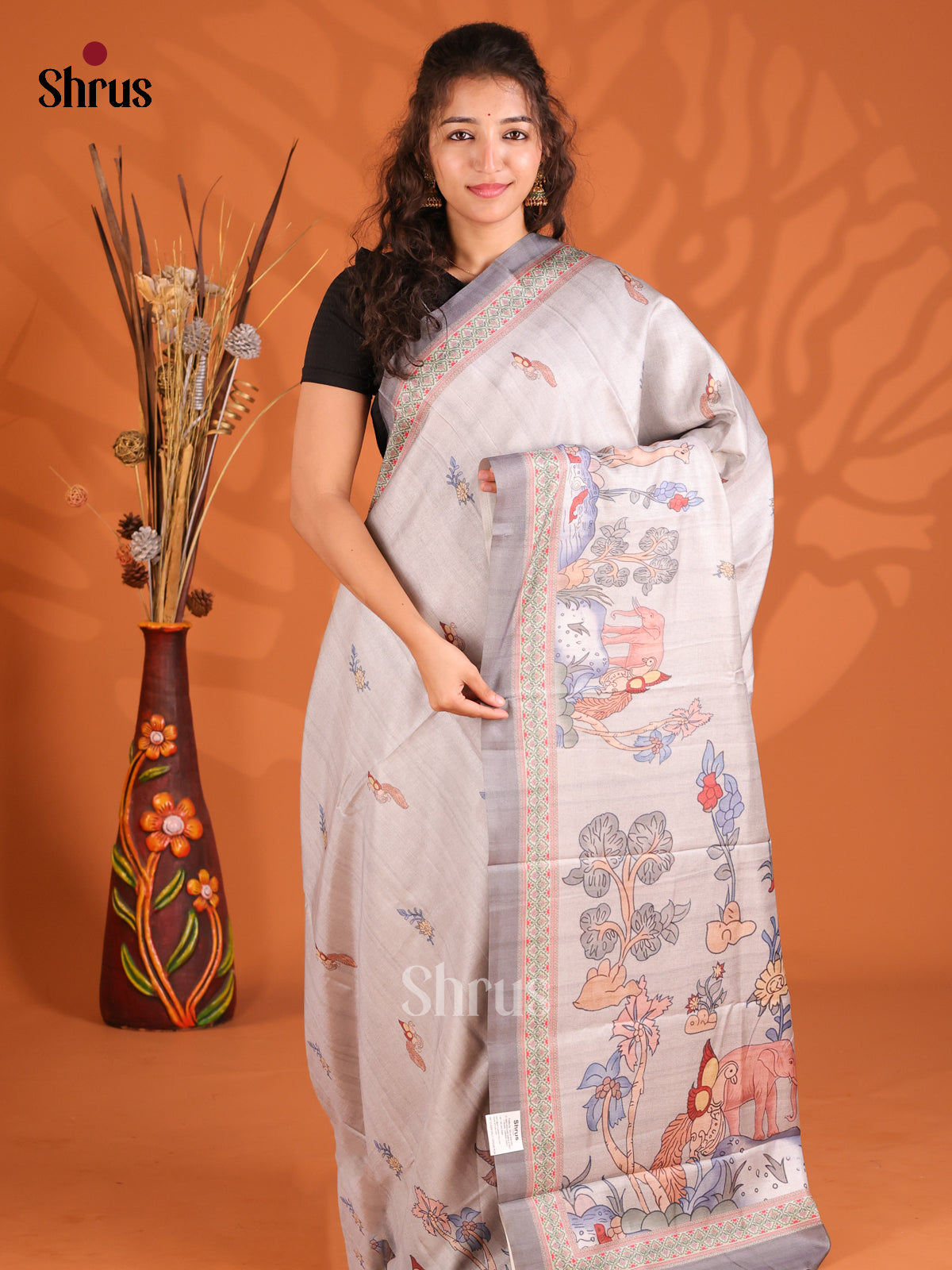 Grey - Butter silk Saree - Shop on Shrus.com