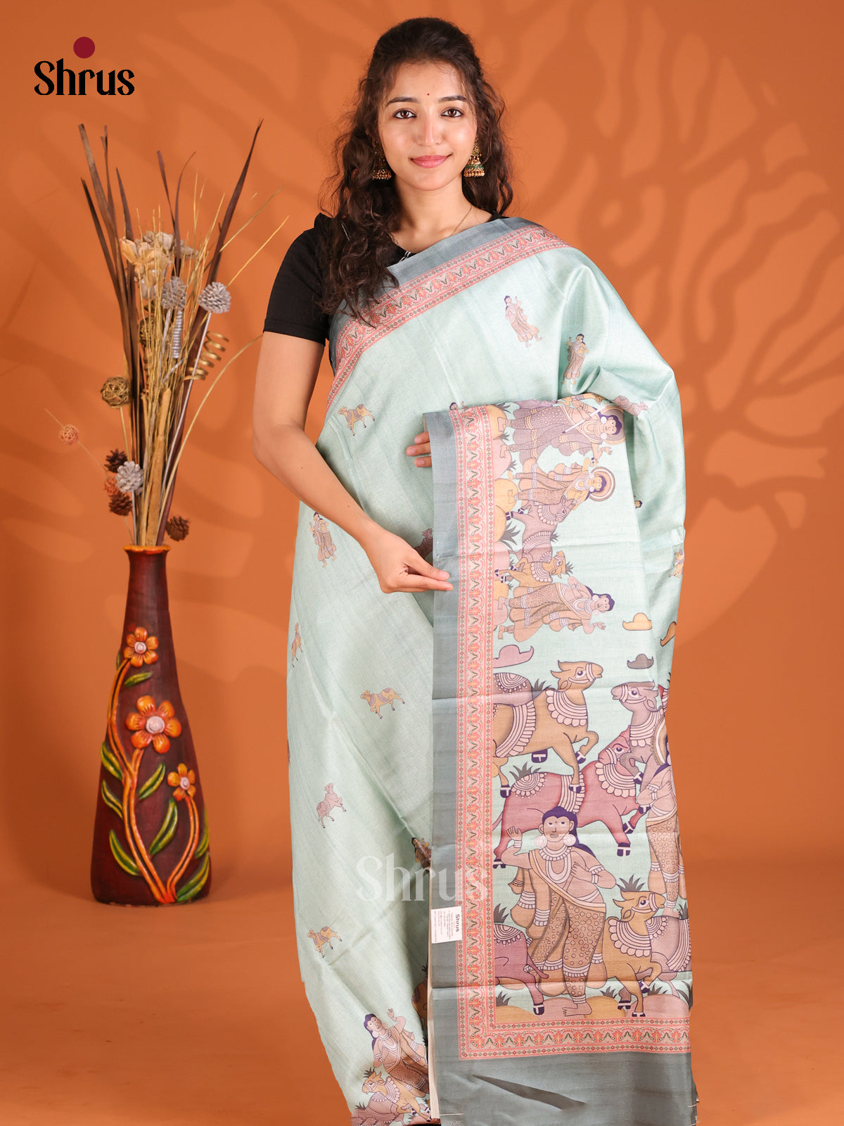 Teal Green & Grey- Butter silk Saree - Shop on Shrus.com