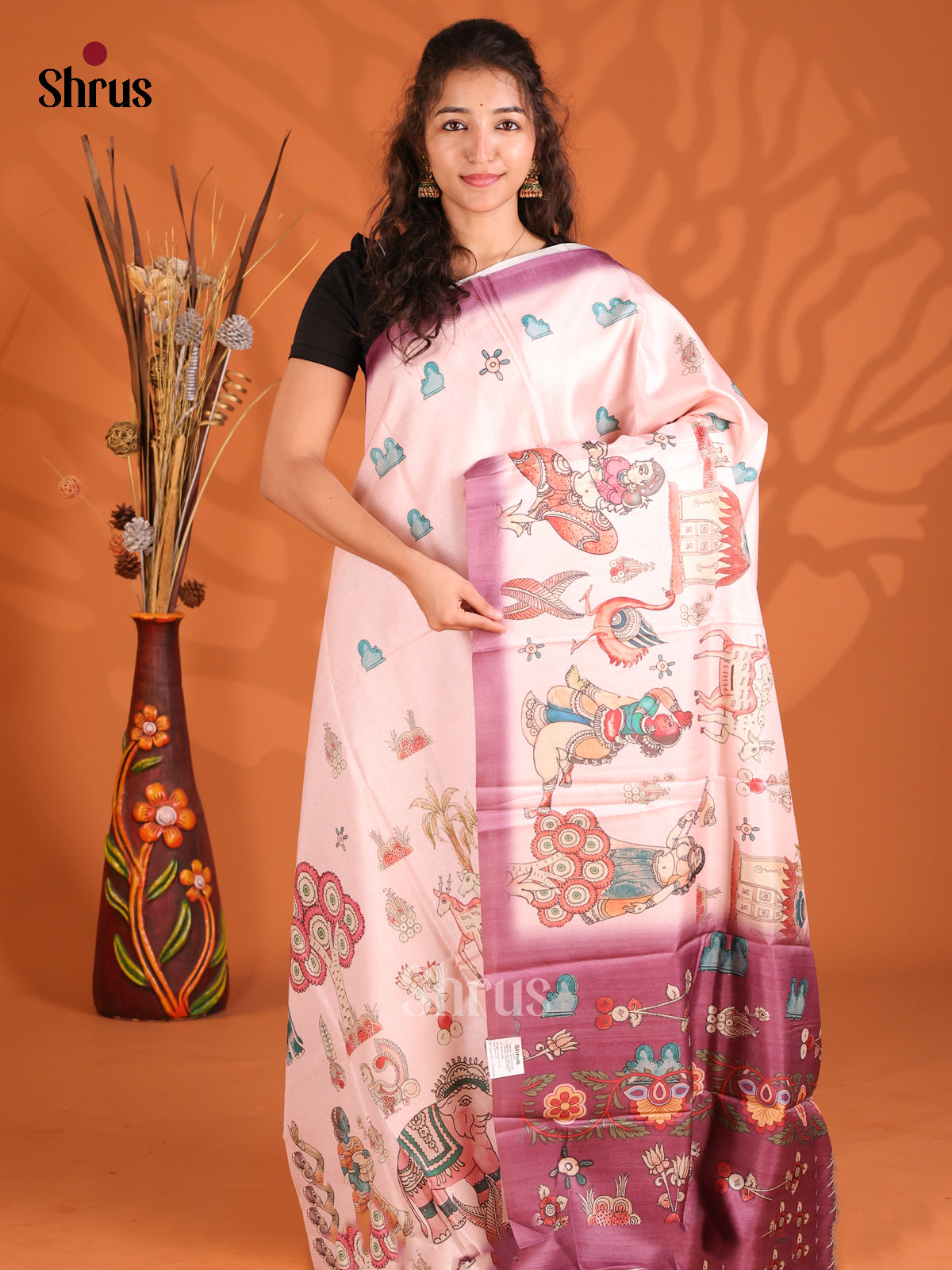 Cream & Purple - Butter silk Saree - Shop on Shrus.com