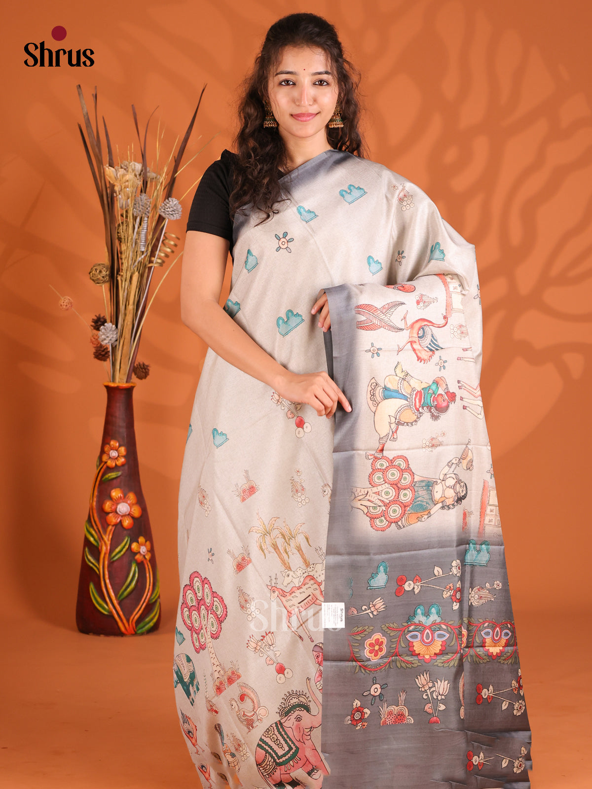 Cream & Grey - Butter silk Saree