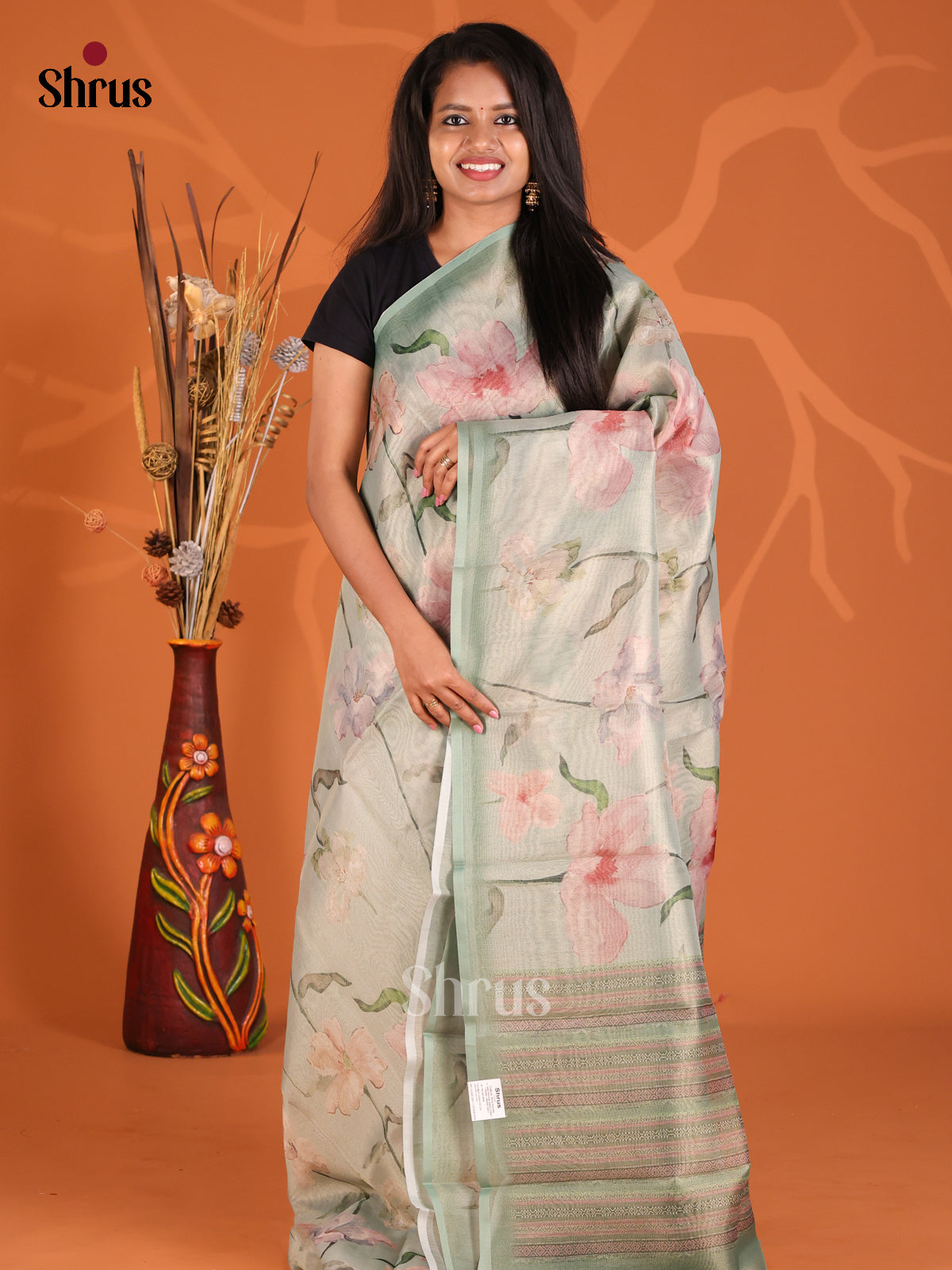 Pastel Green - Semi Tissue Print Saree