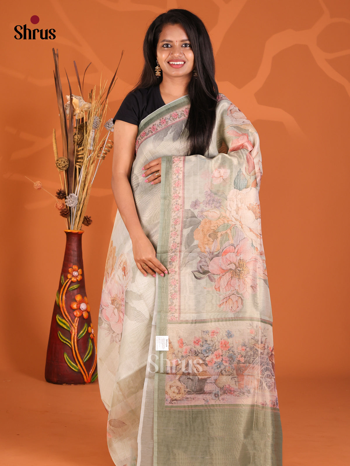 Grey Green - Semi Tissue Print Saree