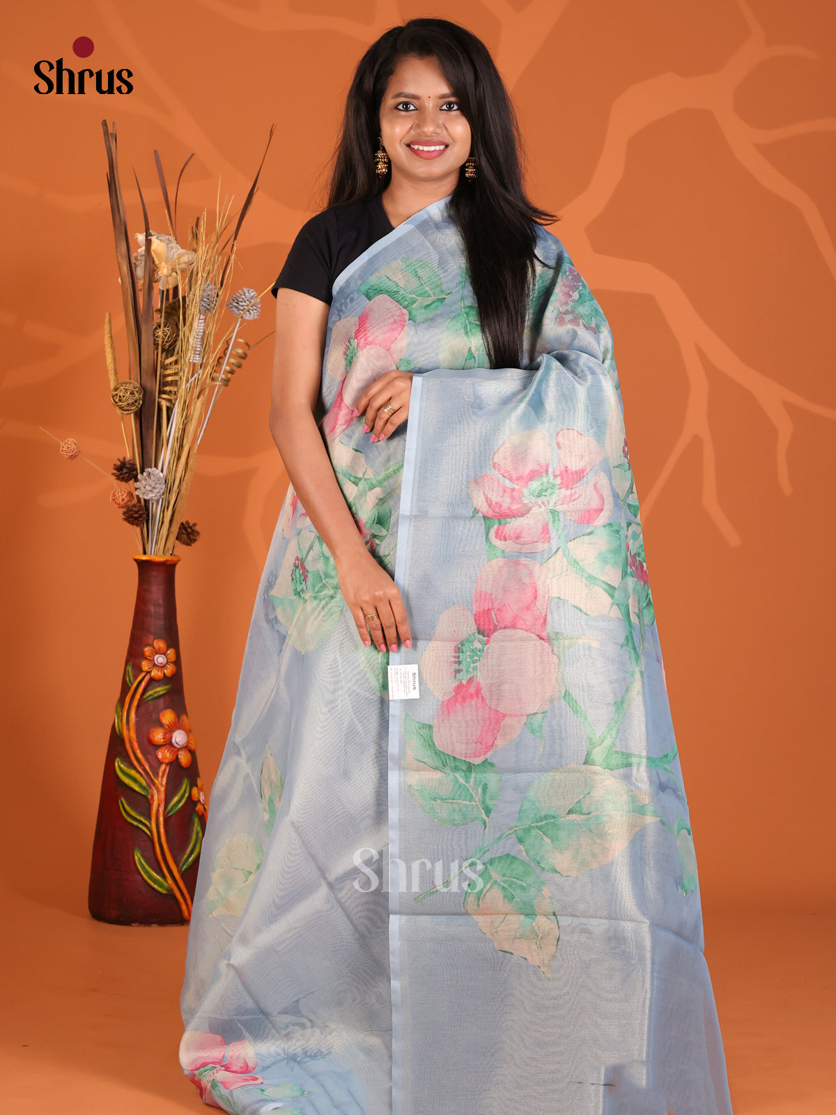 Light Blue - Semi Tissue Print Saree
