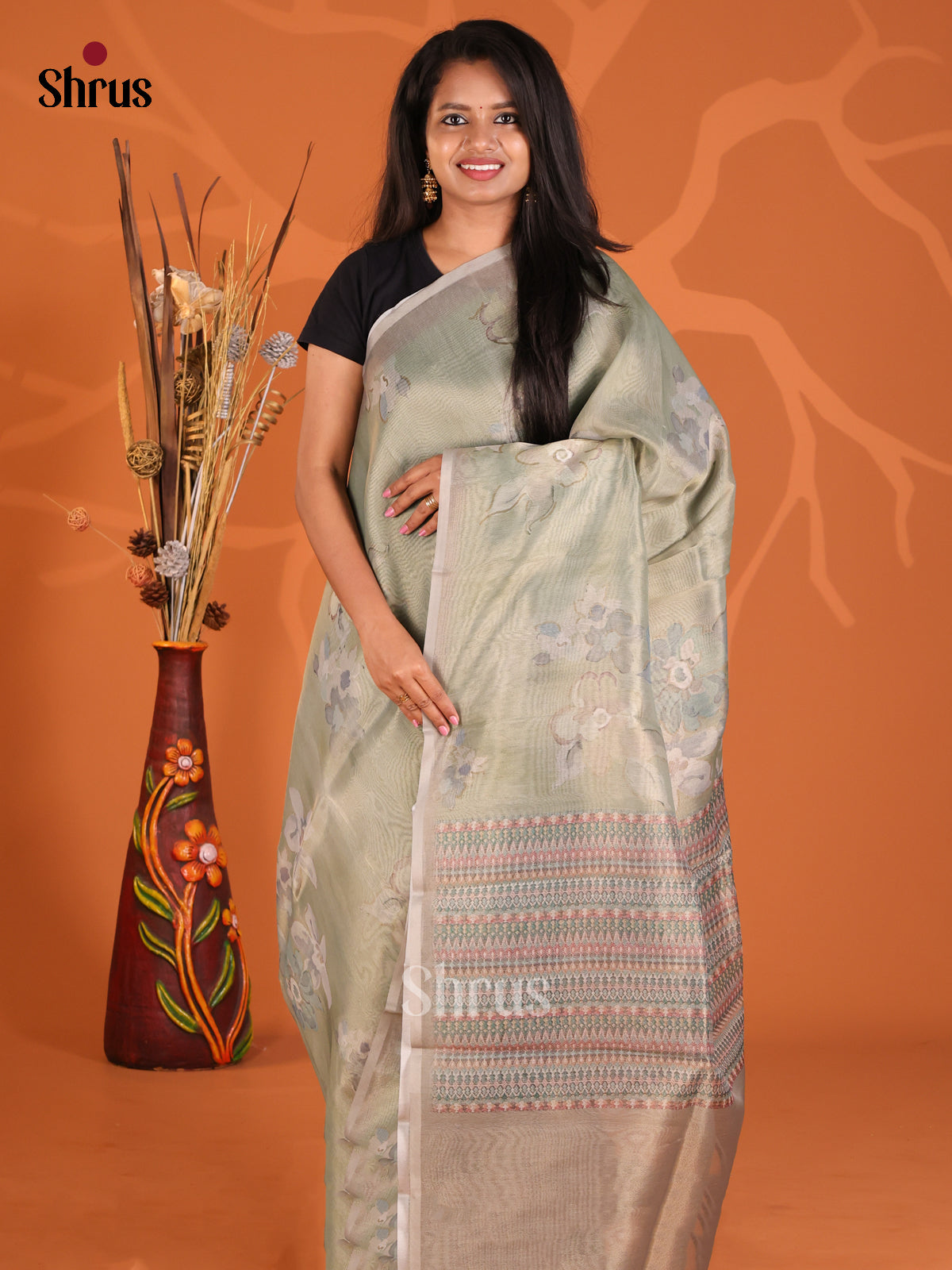 Pastel  Green - Semi Tissue Print Saree