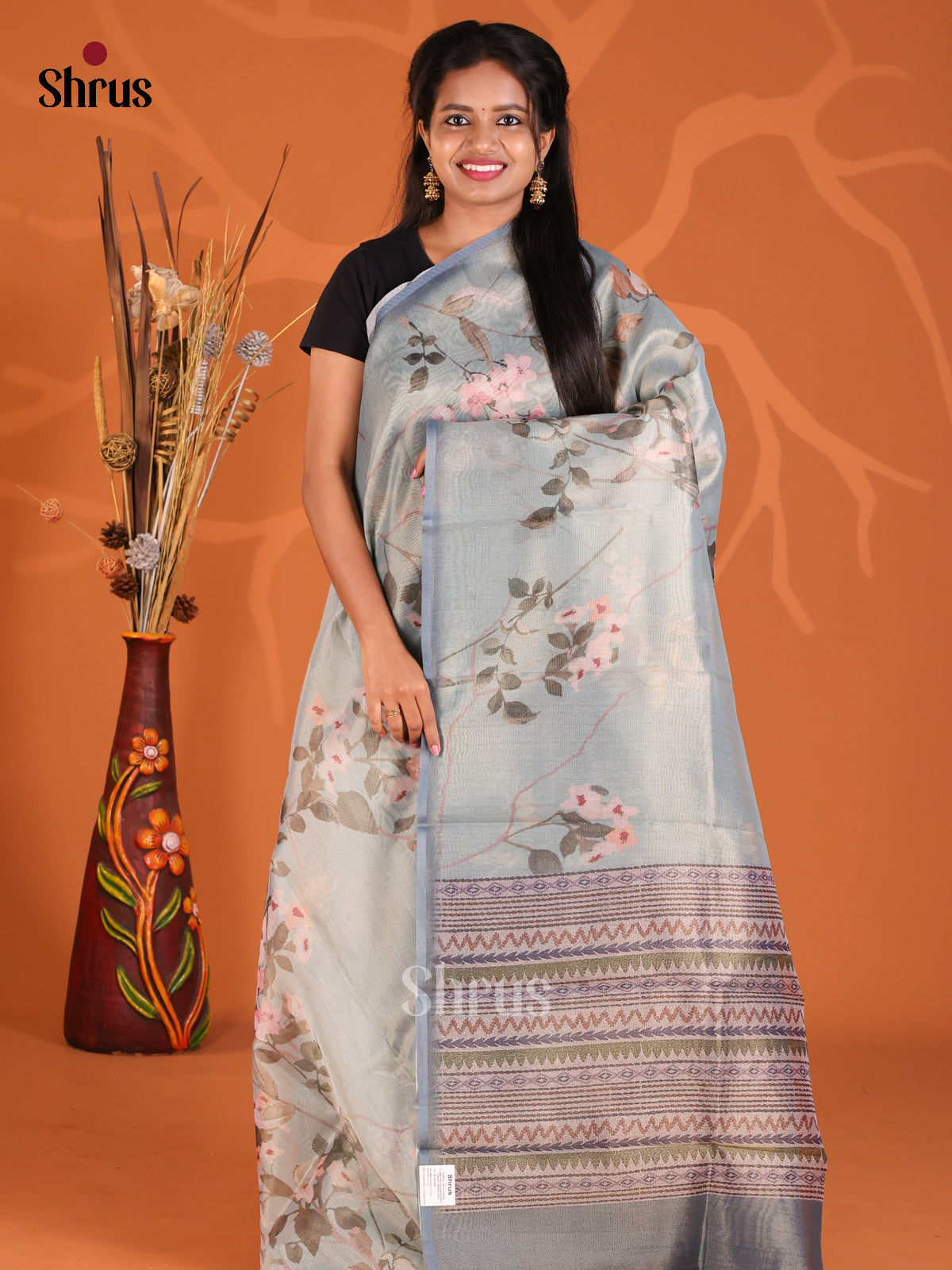 Grey - Semi Tissue Print Saree