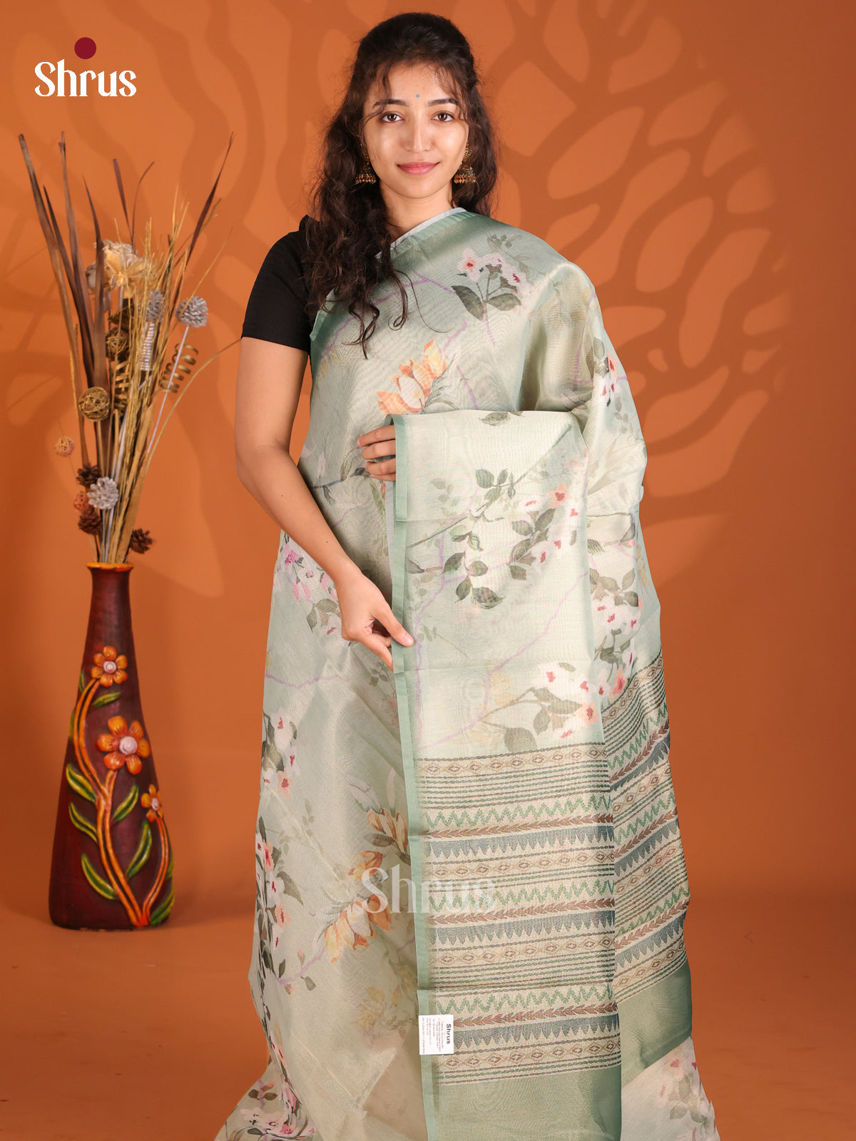 Grey Green - Semi Tissue Print Saree