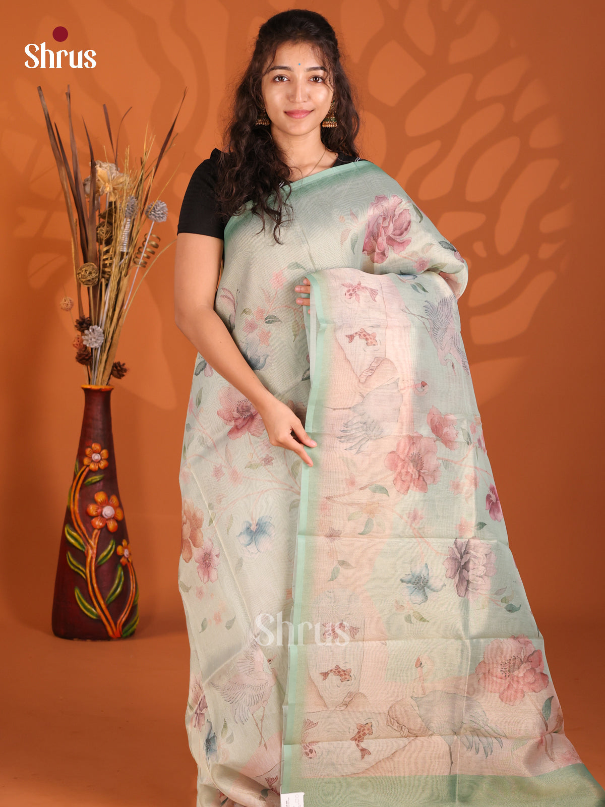 Ice Green - Semi Tissue Print Saree