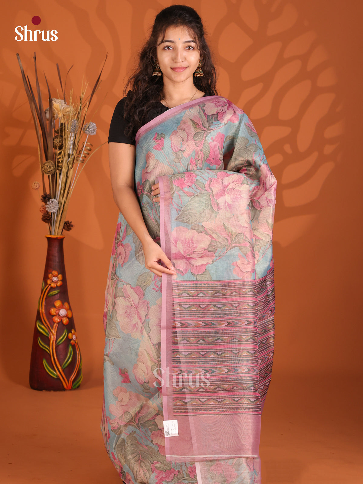 Blue & Pink- Semi Tissue Print Saree