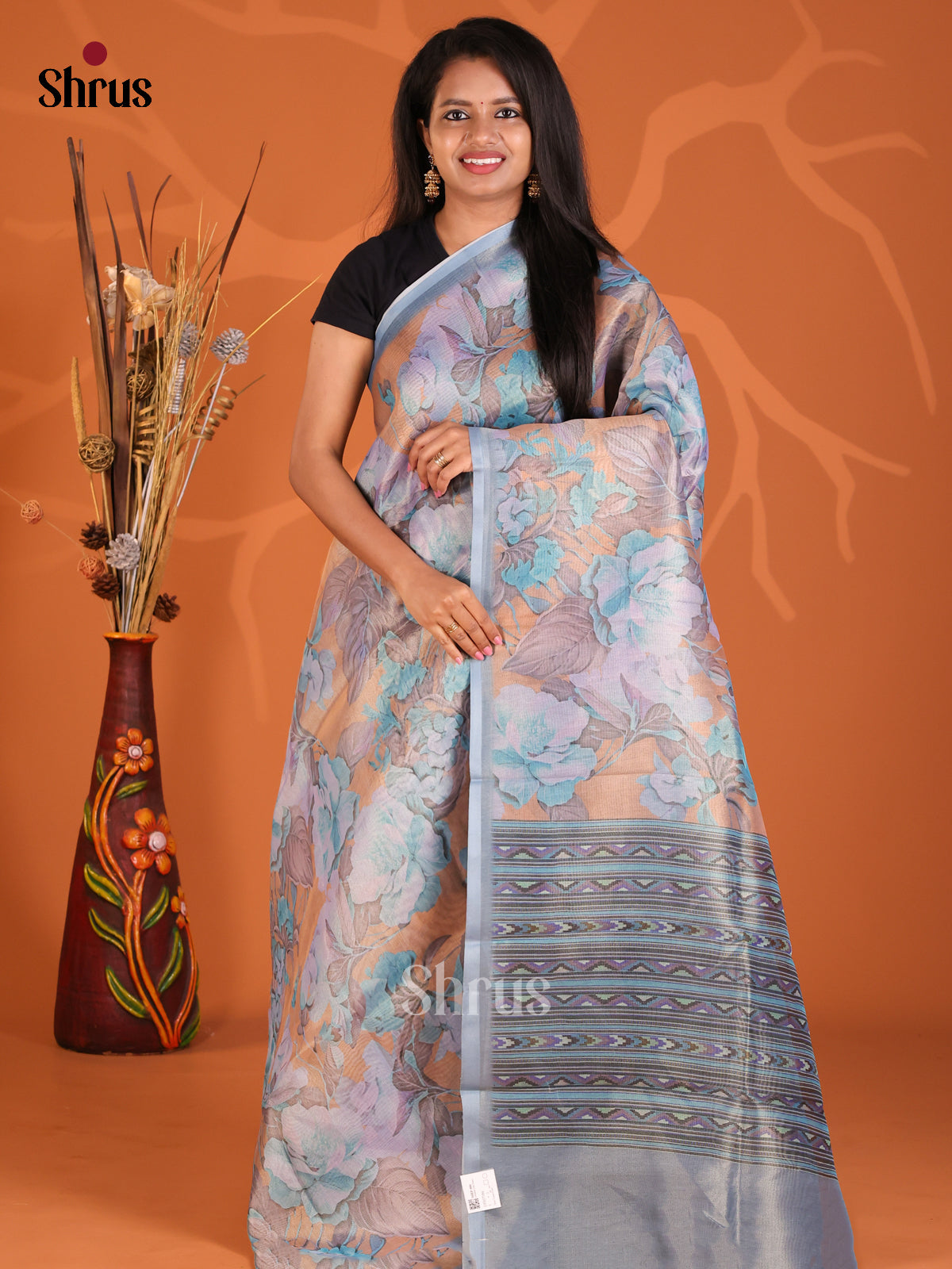 Peach & Blue- Semi Tissue Print Saree