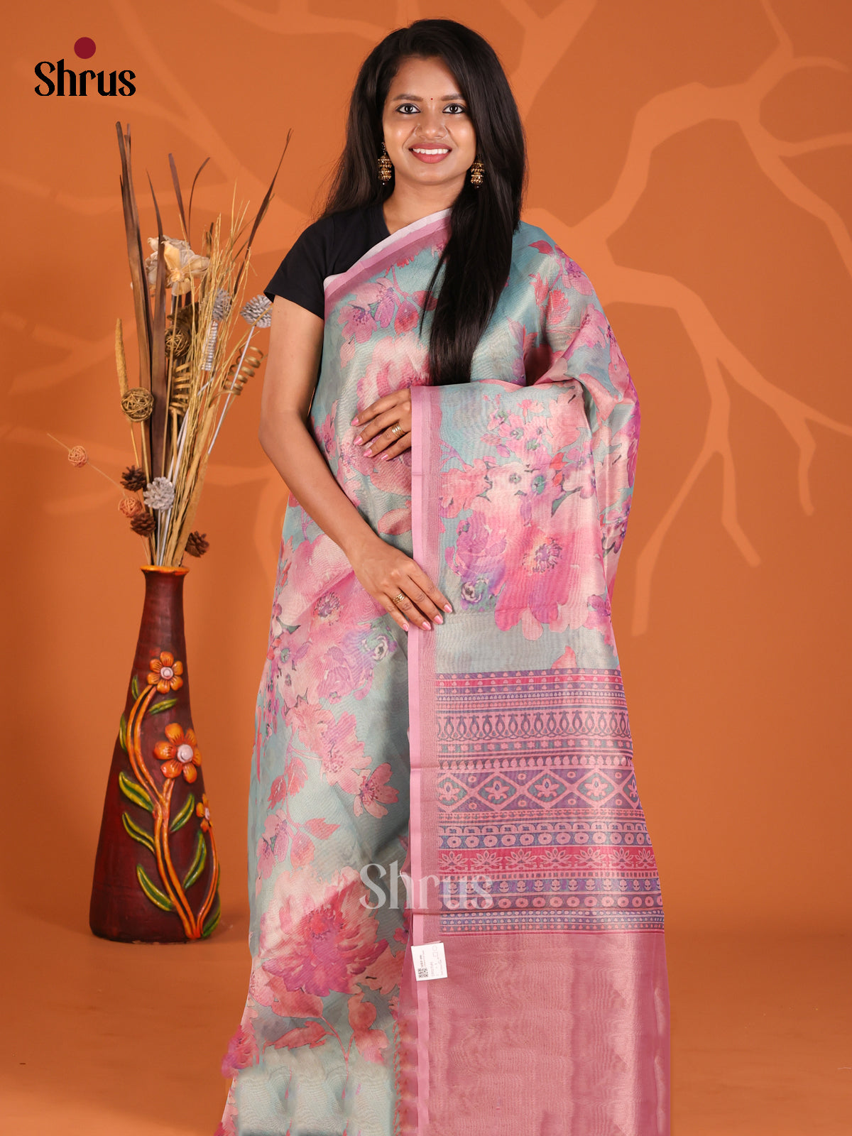 Blue & Pink - Semi Tissue Print Saree